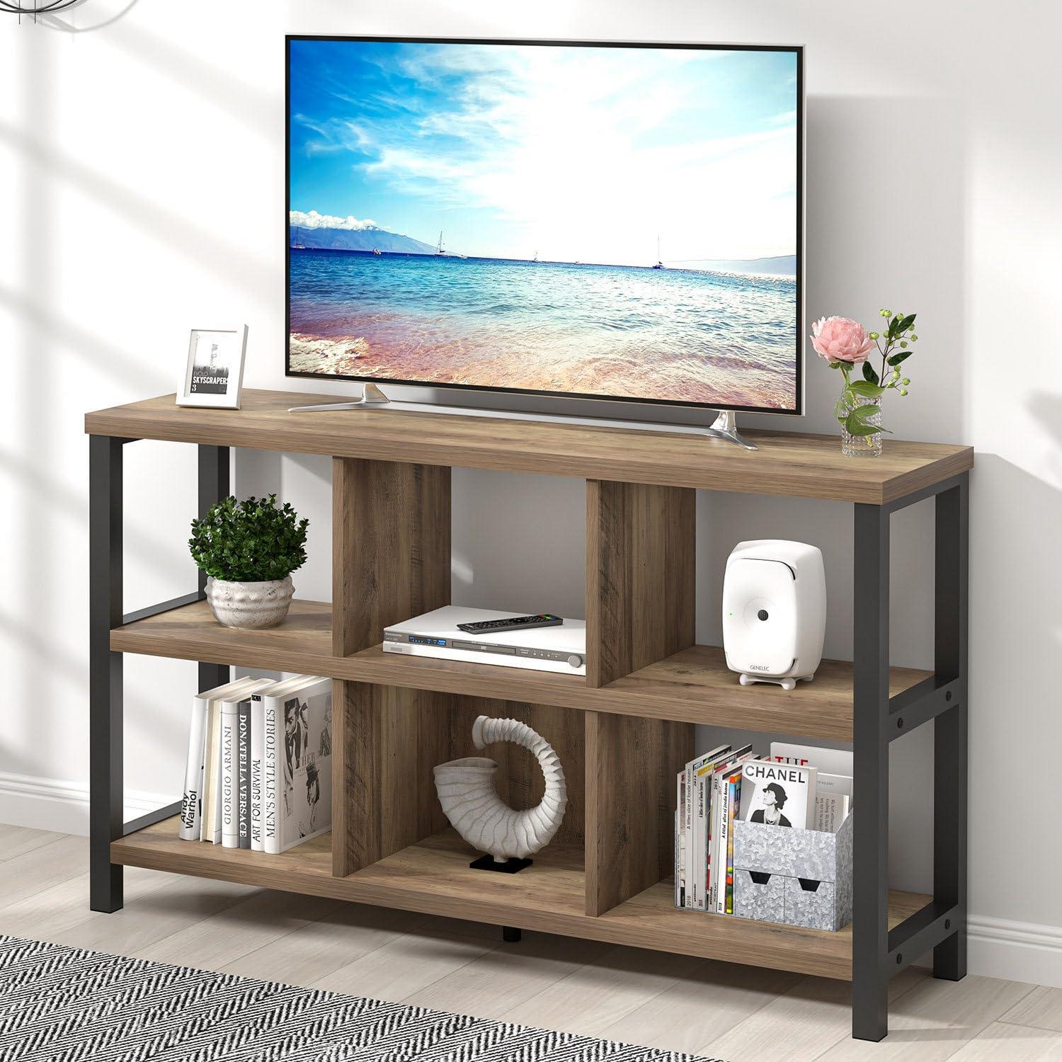 FOLUBAN 6 Cube Storage Organizer with Shelf, Industrial Horizontal Bookshelf, Low Cubby Bookcase for Living Room Bedroom, 47 Inch Oak - Image 3