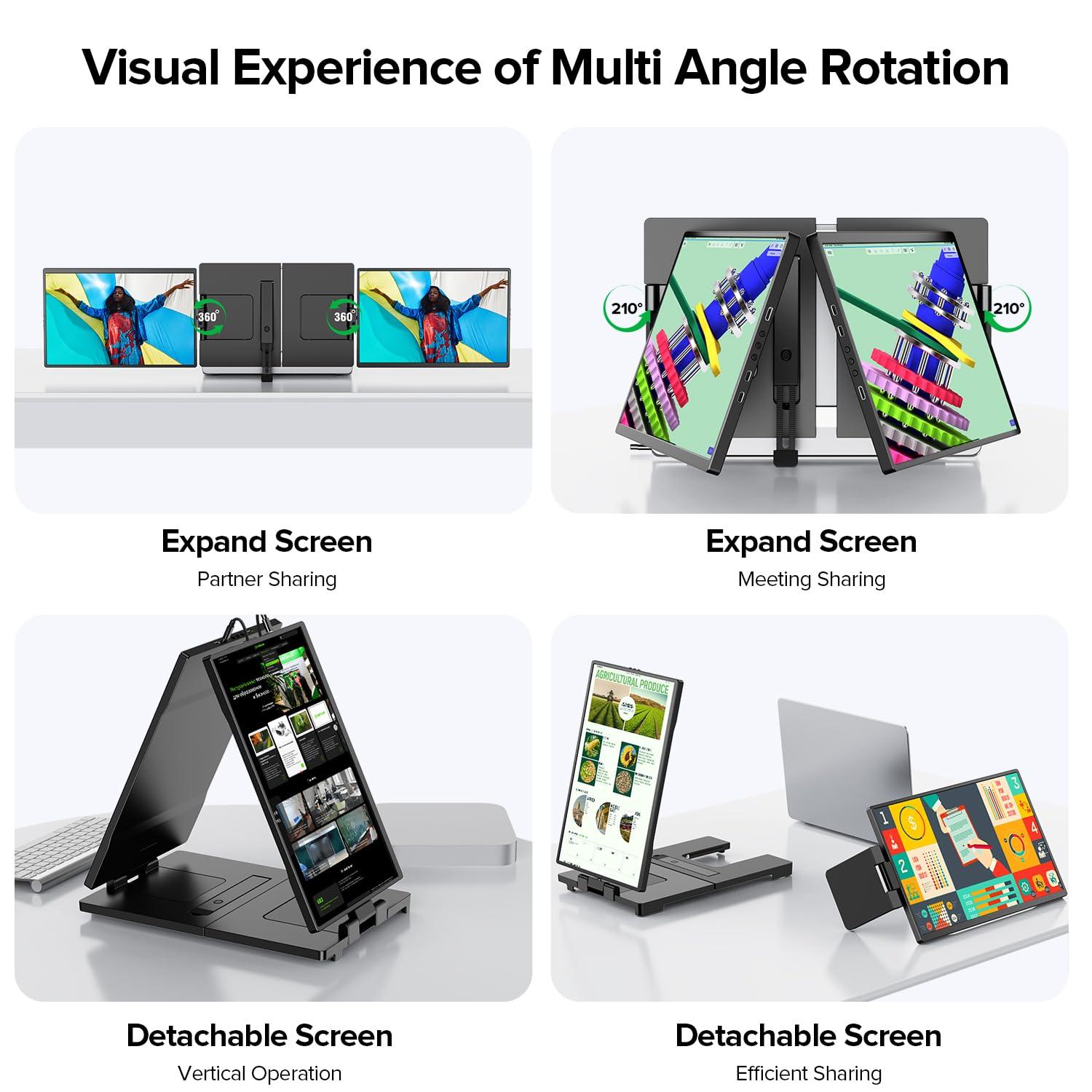 UPERFECT Laptop Screen Extender, 2K 14" 360° Patented Unique Swivel Hinge Triple Monitor, 2240x1400 QHD IPS Portable Dual Monitor for 13.3"-17.3'' Laptops, Plug & Play with Mac, Wins, Android - Image 4