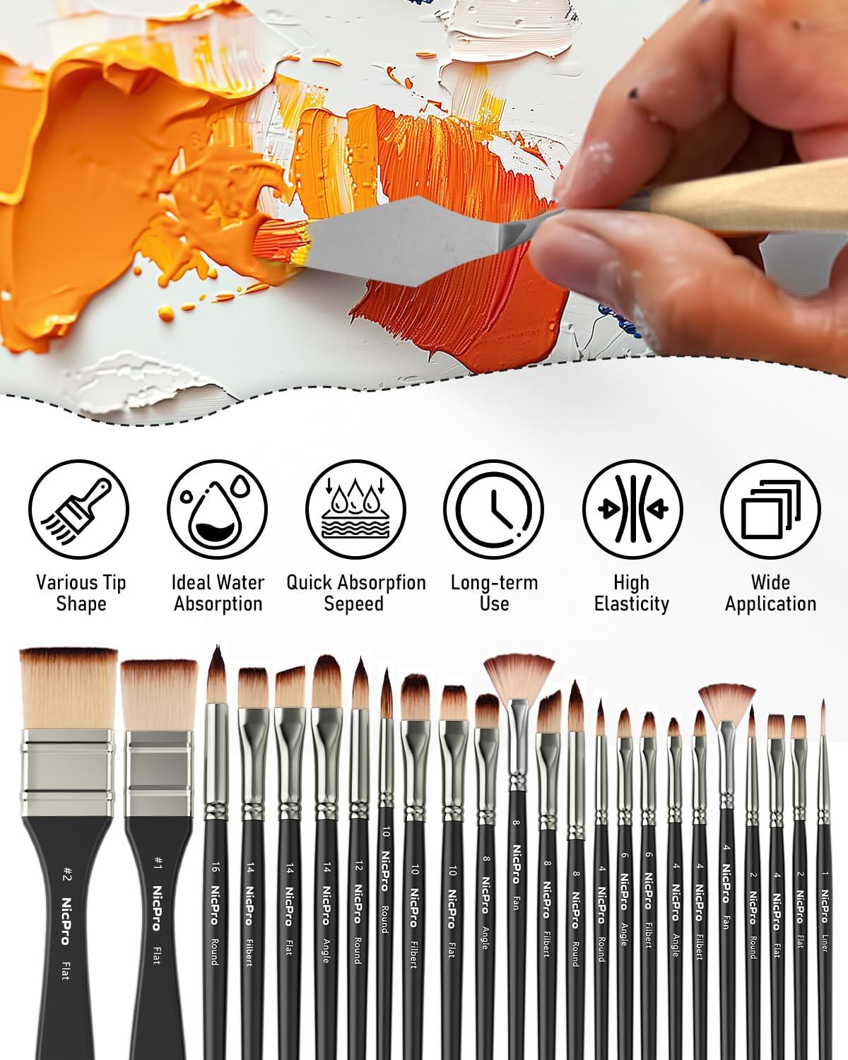 Nicpro 26pcs Paint Brush Set, Professional Paintbrushes with Palette Knife, Craft Paint Brushes for Acrylic Painting, Oil, Watercolor, Gouache & Canvas, Drawing & Art Supplies for Adults, Kids Artists - Image 4