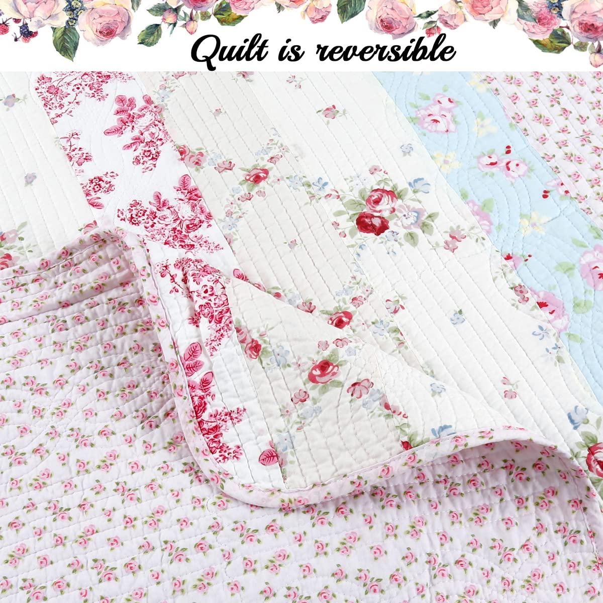 Cozy Line Home Fashions 100% Cotton Real Patchwork Pink Floral Cottage Shabby Chic Reversible Quilt Bedding Set, Bedspread, Coverlet (Wild Rose, Queen - 3 Piece) - Image 5