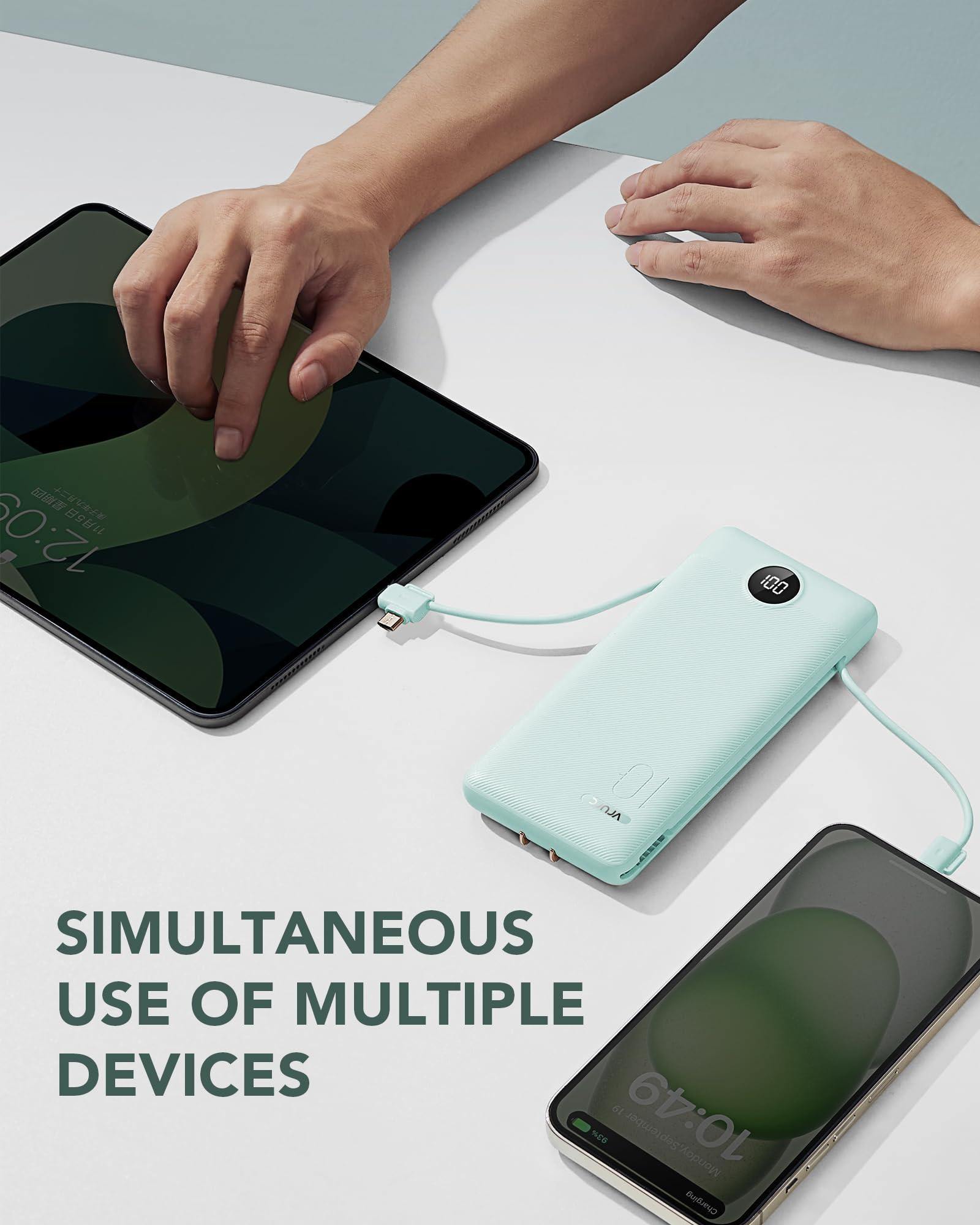 VRURC Portable Charger Built-in Cables and AC Wall Plug, USB C Power Bank 10000mAh, Travel Battery Portable Phone Charger Compact Lightweight External Battery Pack for Smart Phones, Tablets etc-Green - Image 6