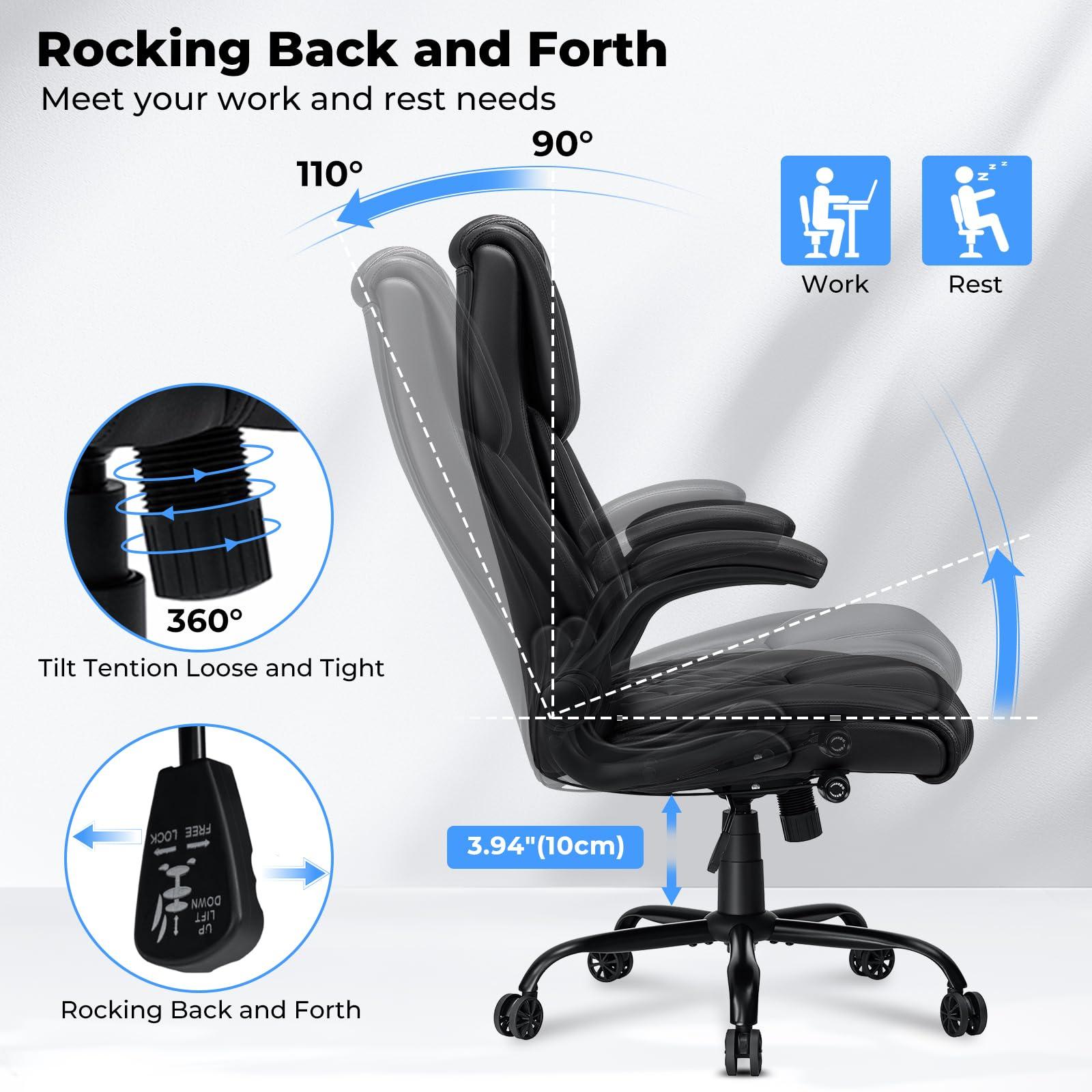 Big and Tall Office Chair 450lbs Heavy Duty Ergonomic Executive Desk Chair with Adjustable Lumbar Support High Back Home Computer Leather Chair with Padded Flip-up Arms for Heavy People Black - Image 6