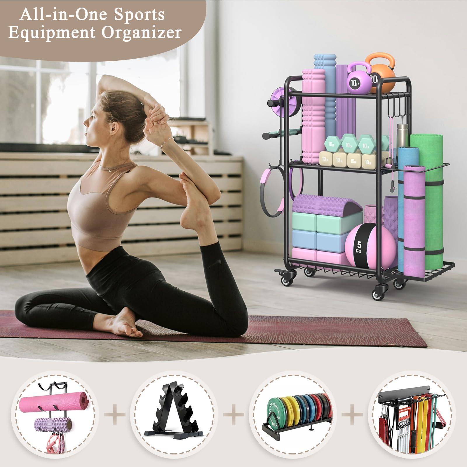 Weight Rack for Home Gym, All in One Yoga Mat Storage Rack, Workout Equipment Storage with Wheels and Hooks for Dumbbells Kettlebells Foam Rollers, Powder Coated - Image 6