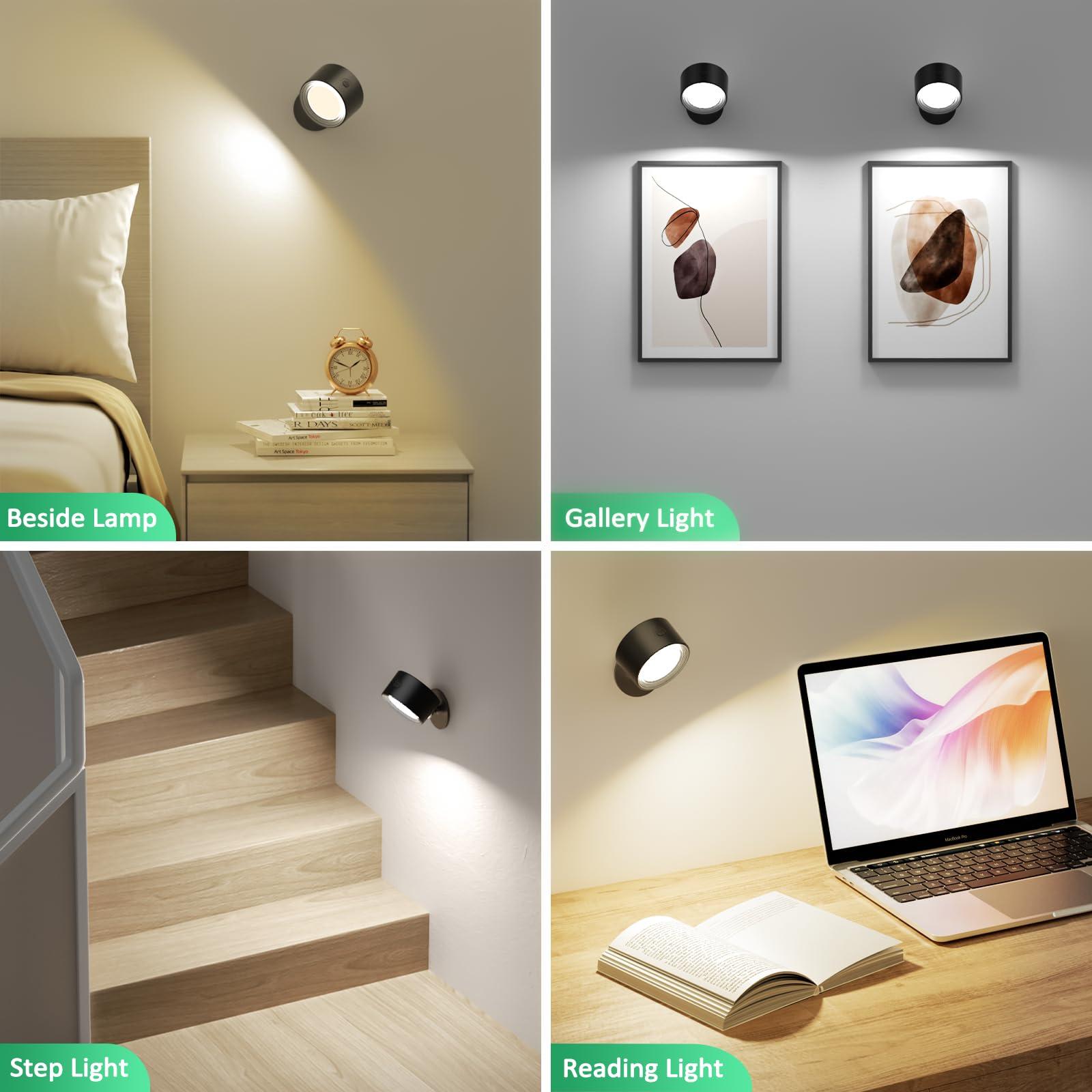 Lightbiz LED Wall Mounted Lights 2 Pcs with Remote, Wall Sconces Lamp 3000mAh Rechargeable Battery Operated, 3 Color Temperatures & Dimmable Magnetic 360° Rotation Cordless Light for Bedroom Bedside - Image 2