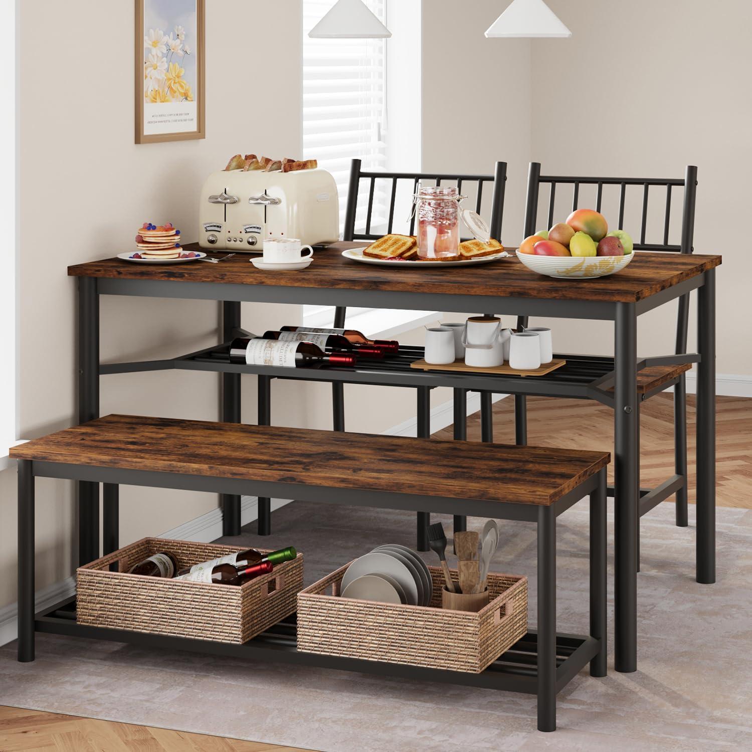 IDEALHOUSE Dining Table Set for 4, Kitchen Table and 2 Chairs with Storage Bench, 47.2" Rectangular Kitchen Table Set with Wine Rack, Dining Room Table Set for Small Space, Apartment, Rustic Brown
