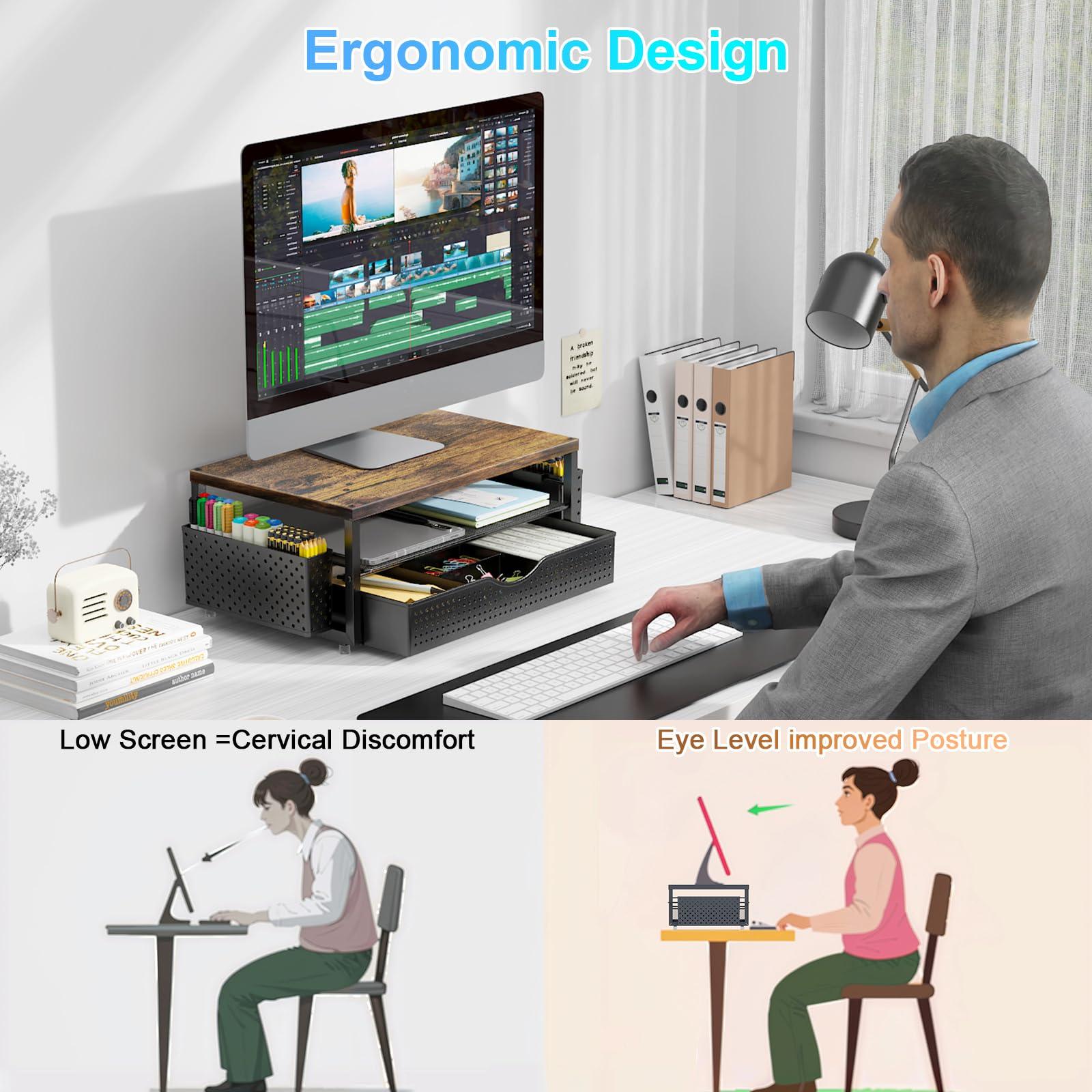 gianotter Wood Monitor Stand Riser, Office Desk Shelf Organizer, Desk Organizer with Drawer and Pen Holder, 2-Tier Computer Stand, Office Organization (Wood) - Image 3