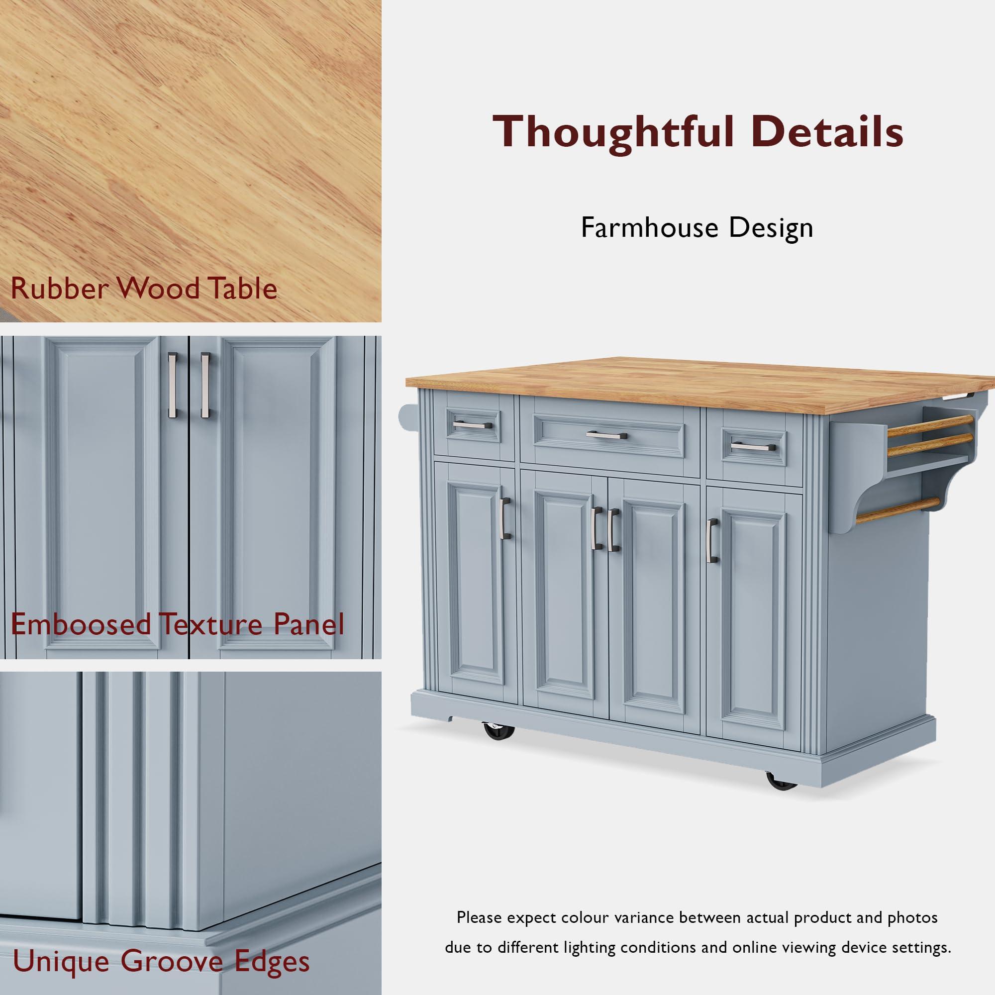 Ball & Cast Large Kitchen Island with Rubber Wood Drop Leaf,Embossed Texture Rolling Kitchen Cart On 4 Wheels W/4 Doors&3 Drawers,Mobile Kitchen Islands W/Storage for Kitchen,Dining Room,Grey Blue,54" - Image 7
