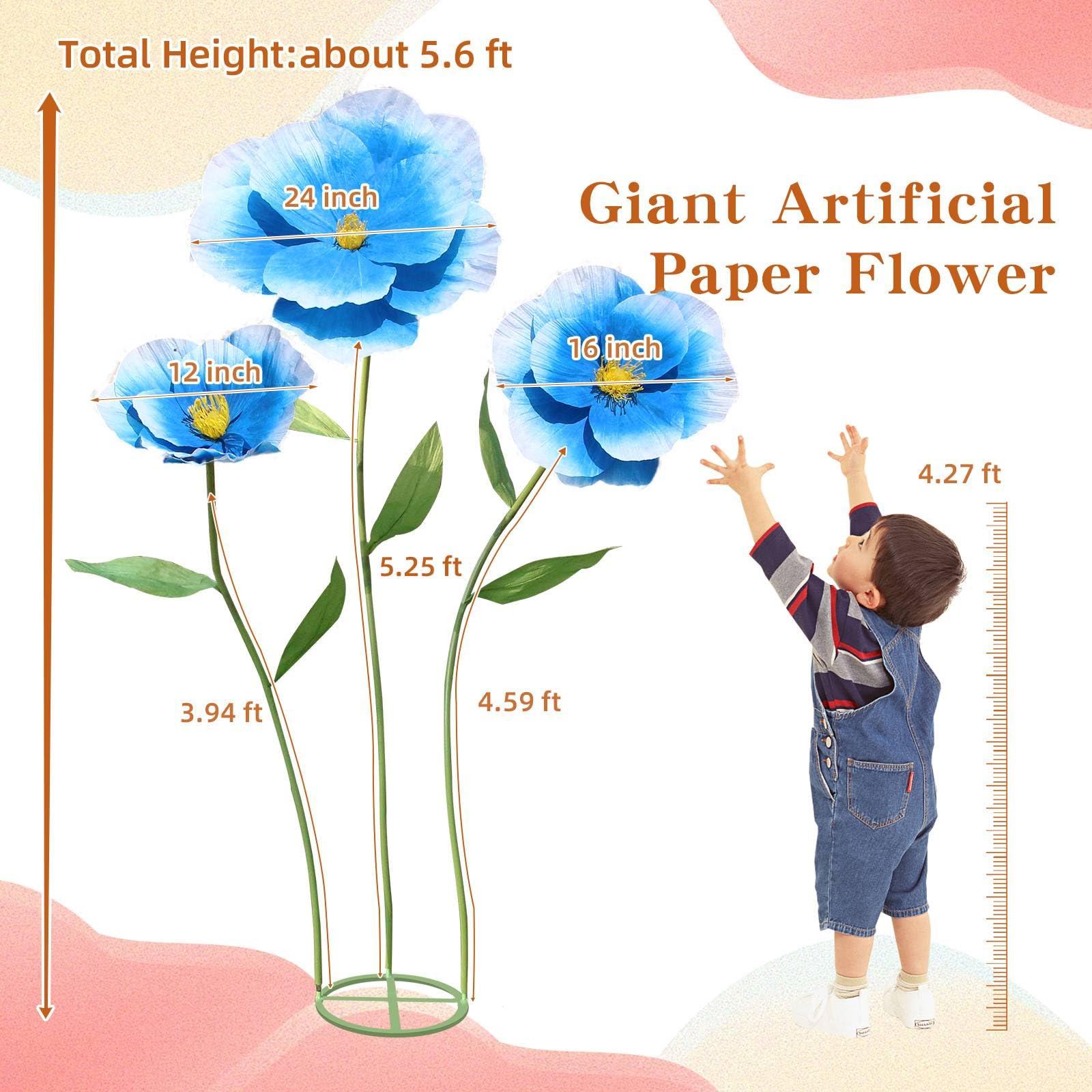 5.9 Ft Large Paper Artificial Flowers,Giant Flowers for Decoration,Standing Huge Handcrafted Poppy Flowers for Garden,Hotel,Office,Photography Props,Wedding,Art Gallery,Shop Window Display(B-Blue) - Image 2