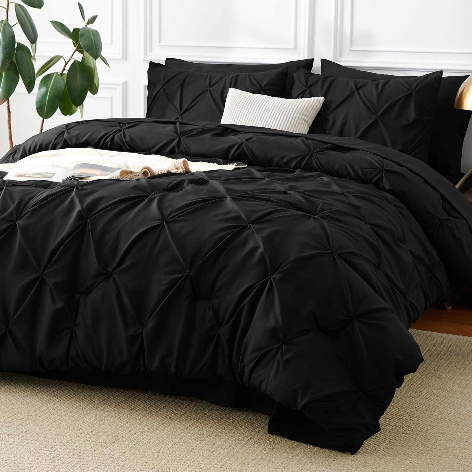 CozyLux Queen Comforter Set 7 Pieces Bed in A Bag Black Premium Comforters Queen Size Bed Set Pintuck Pinch Pleat Complete Bedding Sets with Comforter, Flat Sheet, Fitted Sheet and Pillowcases & Shams