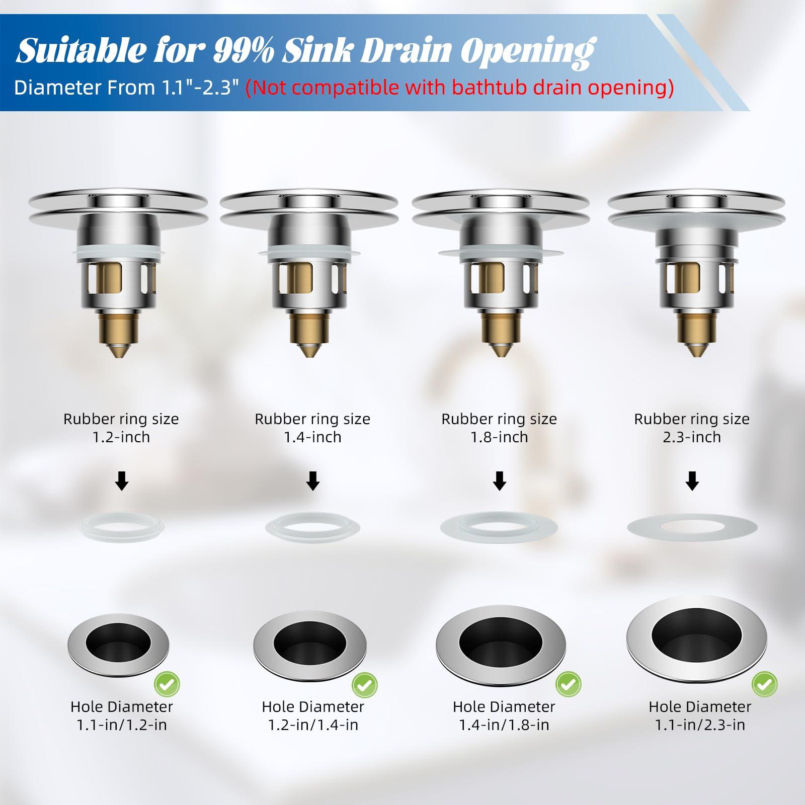Hibbent All Metal 2 in 1 Bathroom Sink Stopper, Universal Pop Up Drain Strainer, Brass Bullet Core Push Type Sink Stopper for 1.1''~2.3'' Basin, Big Push Button, Anti Clogging Drain Filter, Chrome - Image 7