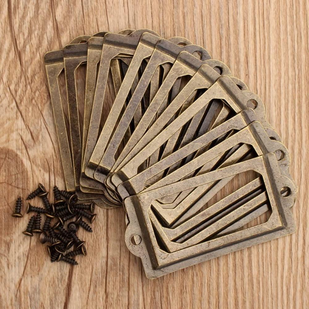 12Pcs Antique Brass Metal Label Pull Frame Handle File Name Card Holder for Furniture Cabinet Drawer Case