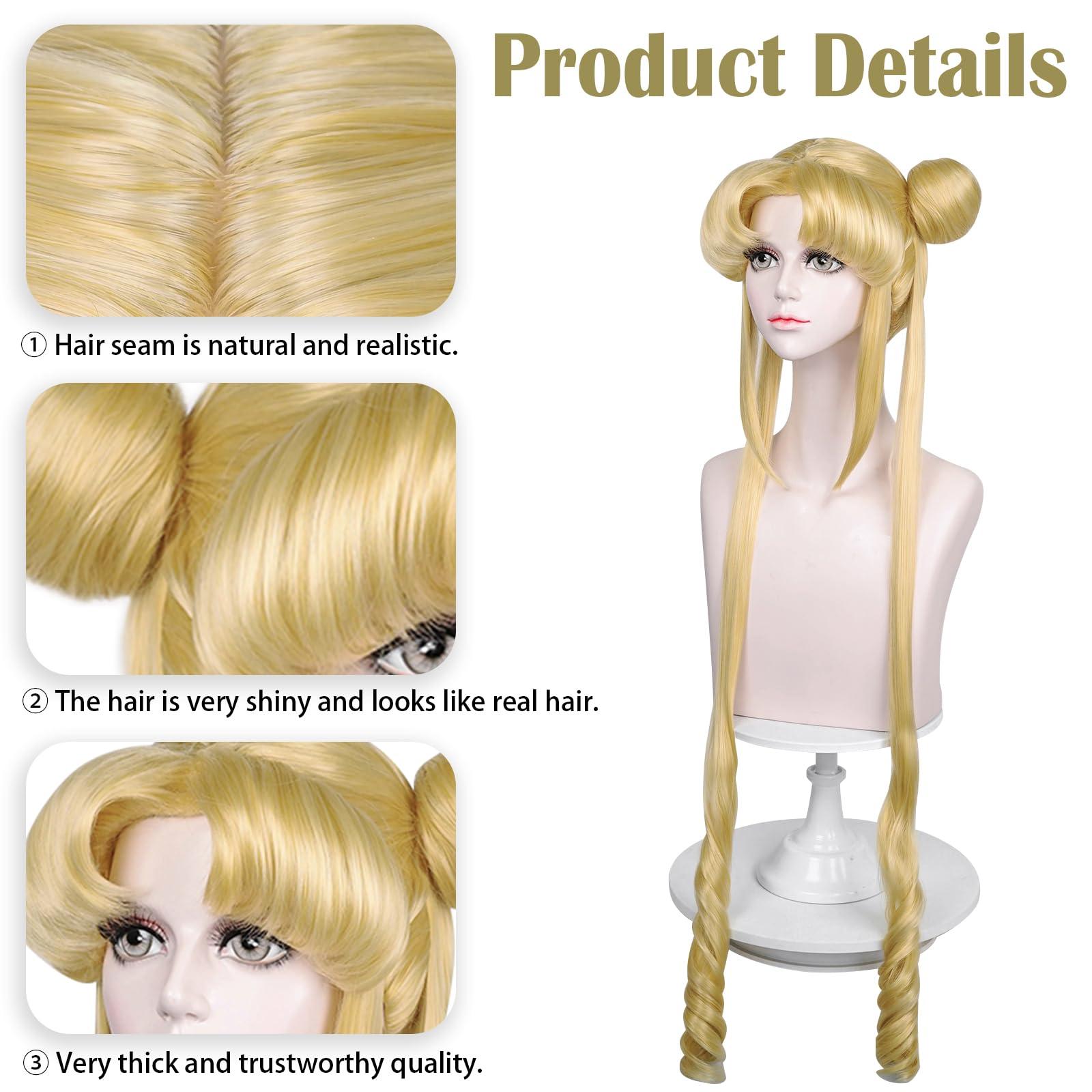 LABEAUTÉ Long Curly Blonde Ponytails Wig with Buns for Women Girls Cosplay Costume Anime Blonde Pigtails Wig with Bangs + Cap - Image 5