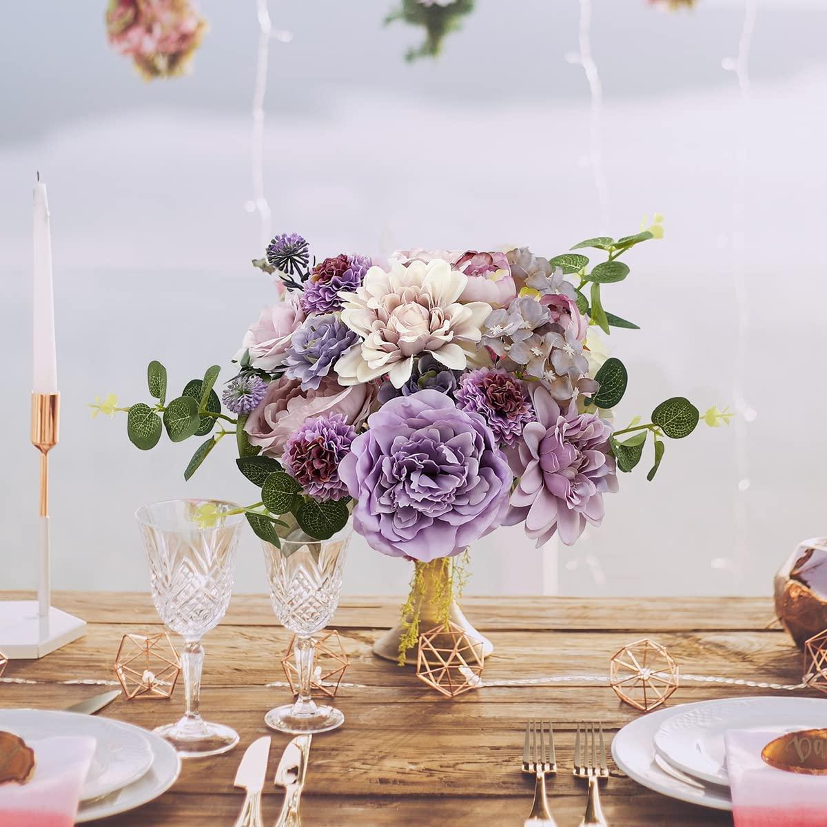 Kisflower Purple Artificial Flowers Combo Cake Flowers Decorations Fake Peony Silk Roses Gift Box for DIY Wedding Bridal Bouquet Centerpieces Arrangements Party Baby Shower Holiday Decor (Purple) - Image 4