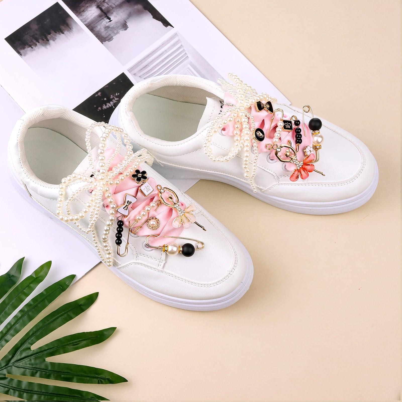 MJOGGOTT 34 Pcs Shoe Charms for Sneakers, Junk Socks Charms, DIY Shoe Lace Charm for Women with Ribbon Lace Shoelaces Contain Bows/Clips/Pins/Jewelry/Pearls Shoe Charm for Clothes, Hats Decoratin - Image 3