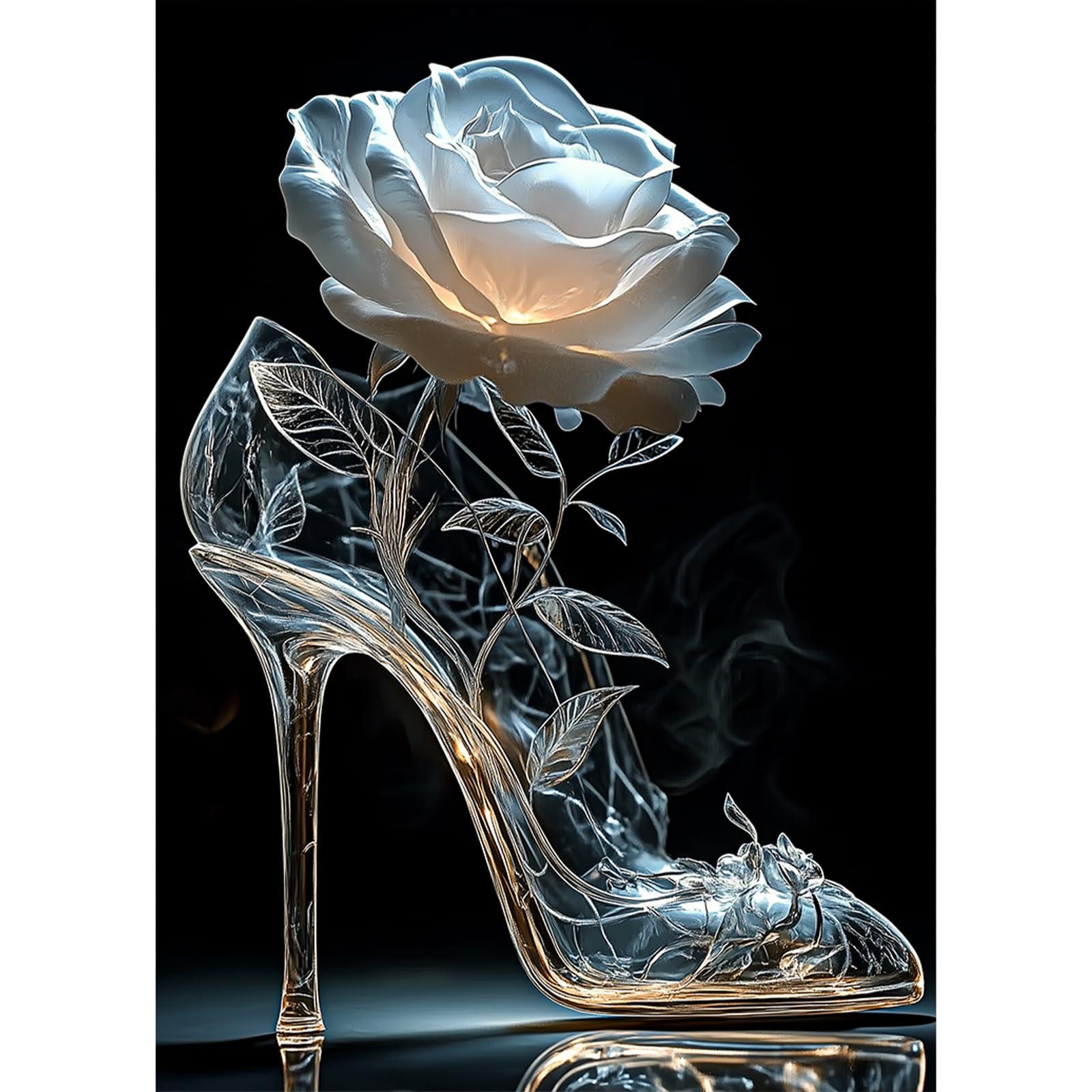 Lxmsja High Heel Diamond Art Kits for Adults, Flower DIY Full Drill Diamond Painting Kits for Beginners, 5D Gem Art Crafts for Adults, Home Wall Decor 12x16 inch