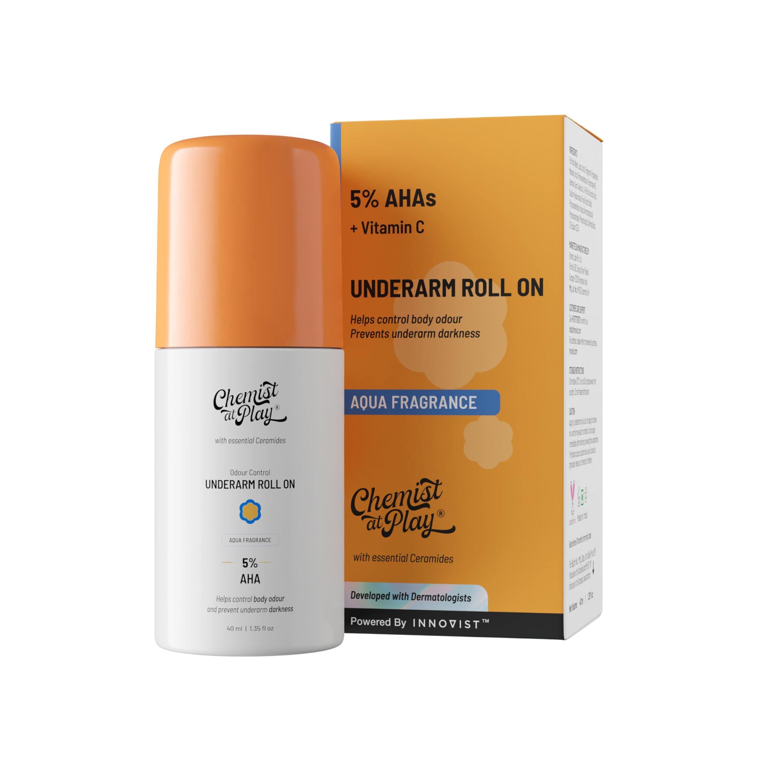 Chemist At Play UnderArm Roll-On with 5% Lactic Acid 1% Mandelic Acid | Prevents Odour Brightens Skin & Exfoliates Underarm | Long Lasting Aqua Fragrance | Alcohol & Aluminium Free (1.3 Ounce)