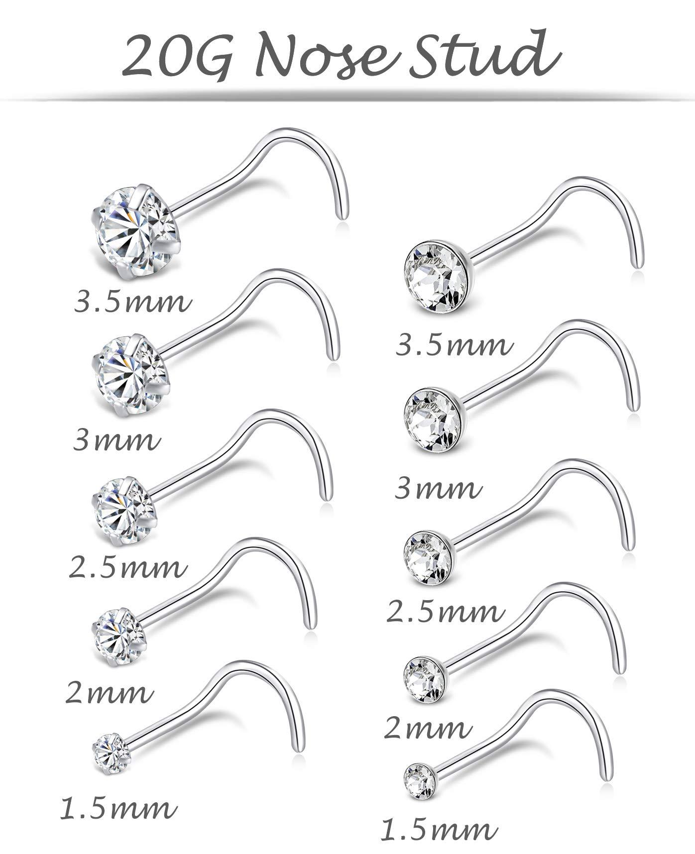 Tornito 20G 10Pcs Stainless Steel L Screw Bone Shaped Nose Studs Rings Square Round CZ Nose Ring Labret Nose Piercing Jewelry for Men Women Silver Tone 1.5mm-2mm-2.5mm-3mm-3.5mm CZ - Image 3