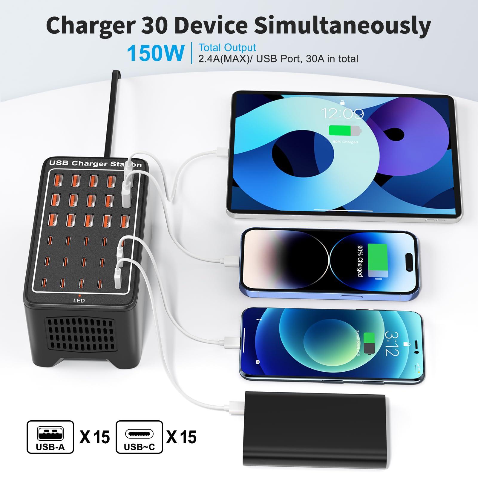 USB~C Charger Block, 150W(30A) 30 Port (15 USB A & 15 USB~C Port) Multiple USB Charging Station, Desktop USB Wall Charger Compatible with iPhone, iPad, Tablets, Smartphones - Image 2