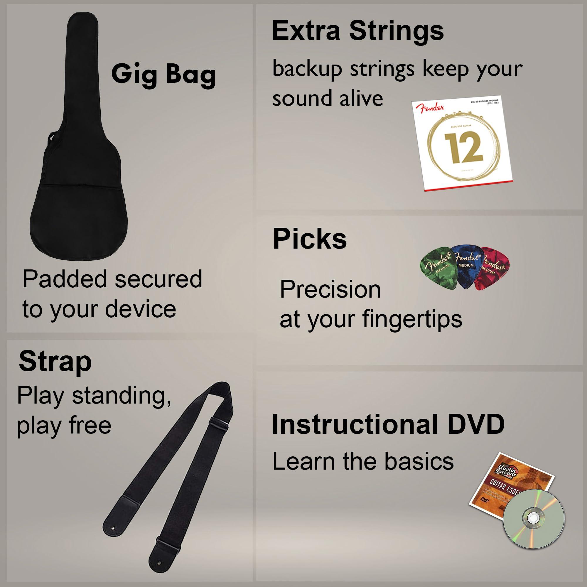 Fender Dreadnought Acoustic-Electric Guitar - Natural Bundle with Gig Bag, Strap, Strings, Picks, and Austin Bazaar Instructional Video - Image 3