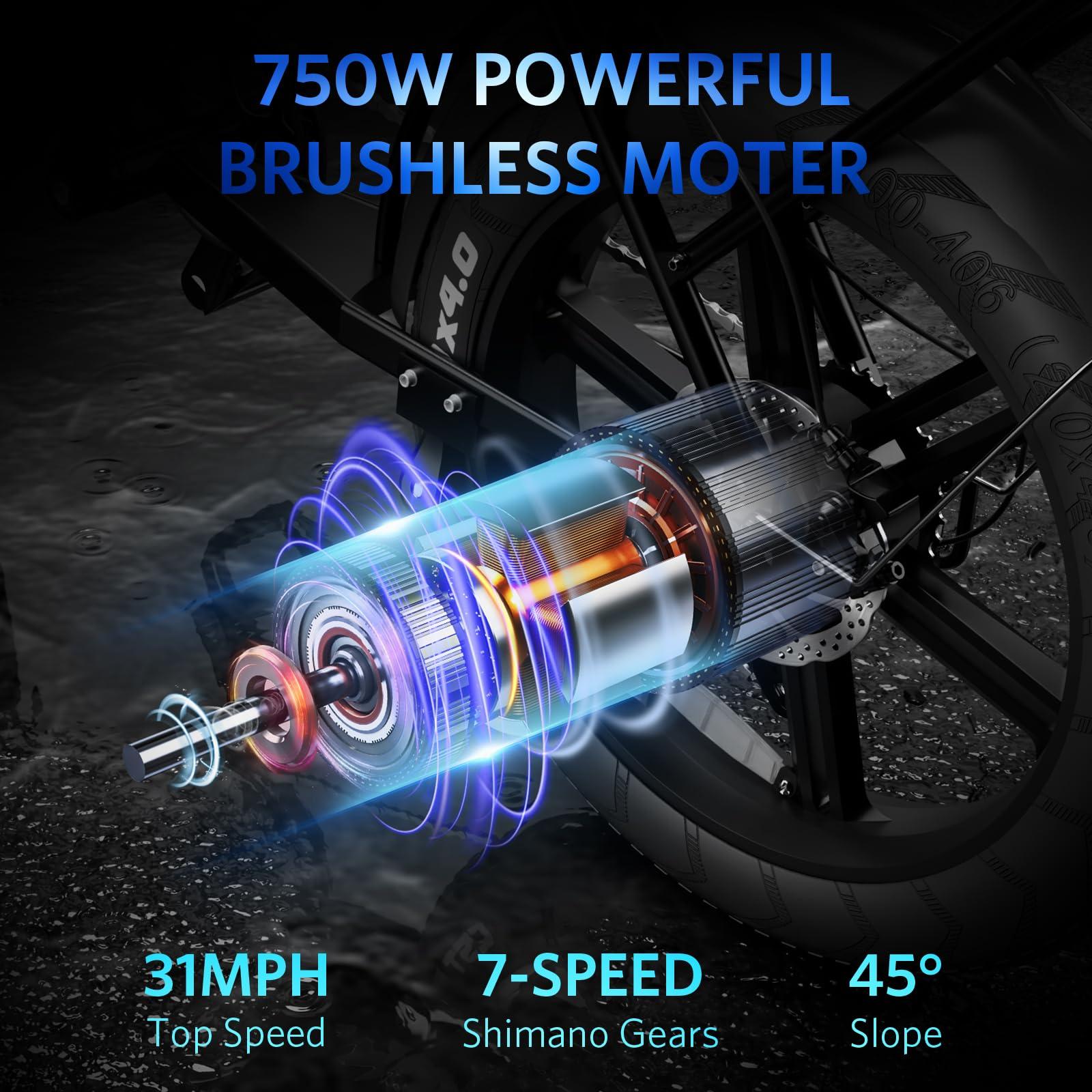 Hipatoo V8 Electric Bike for Adults, 20'' Fat Tire E Bike with 750W Motor 48V 15Ah Removable Battery, 7-Speed Gears, 2 Seater E-Bike, Up to 31MPH, Ebike Moped Style for Mountains, Snow, Sand, Road - Image 7