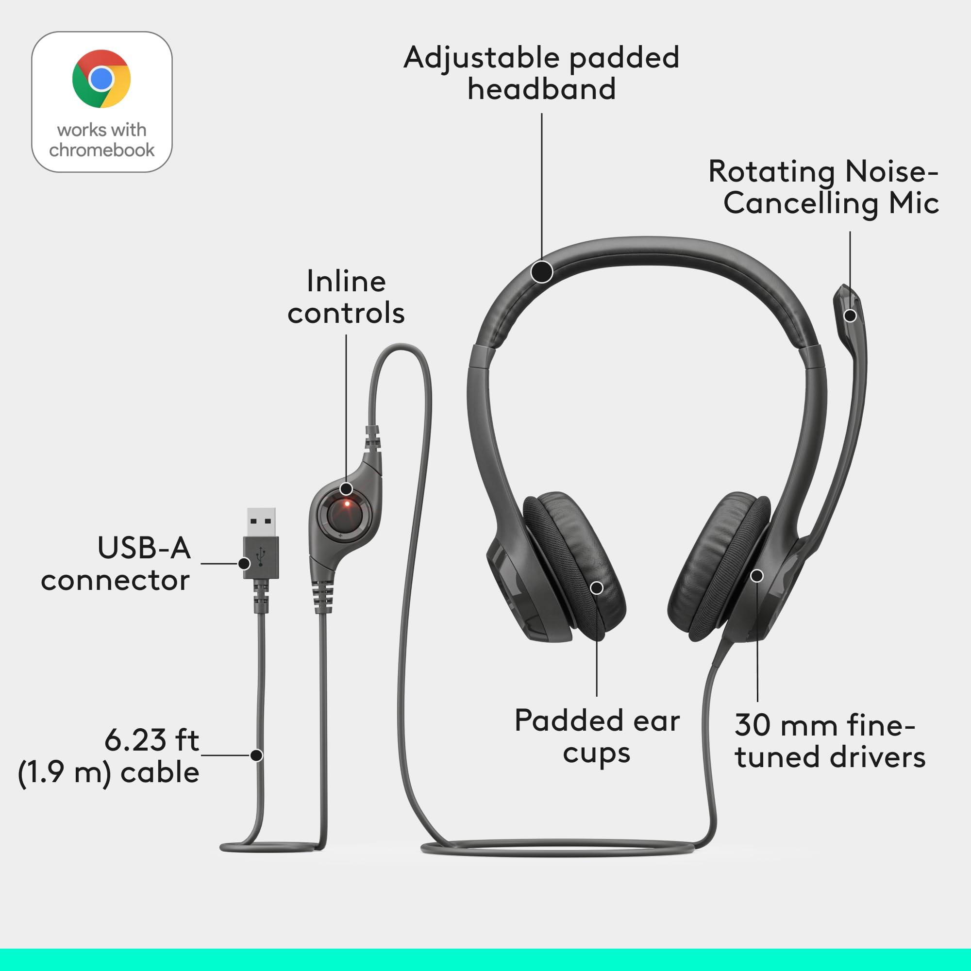 Logitech H390 Wired Headset for PC/Laptop, Stereo Headphones with Noise Cancelling Microphone, USB-A, In-Line Controls, Works with Chromebook - Black - Image 7