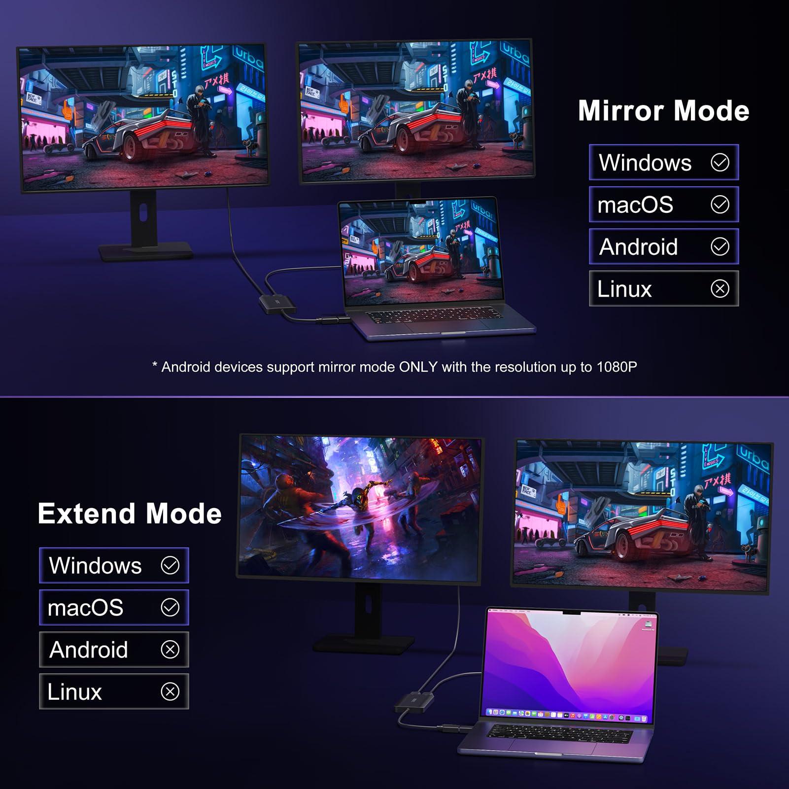 KOZYC USB 3.0 to HDMI Splitter Extended Display Dual Monitors, USB 3.0-A/C to Dual HDMI Adapter 4K@30Hz+1080p@60Hz Compatible MacBook/MacBook Pro Air Dell (MST Support MacOS/Windows) - Image 5
