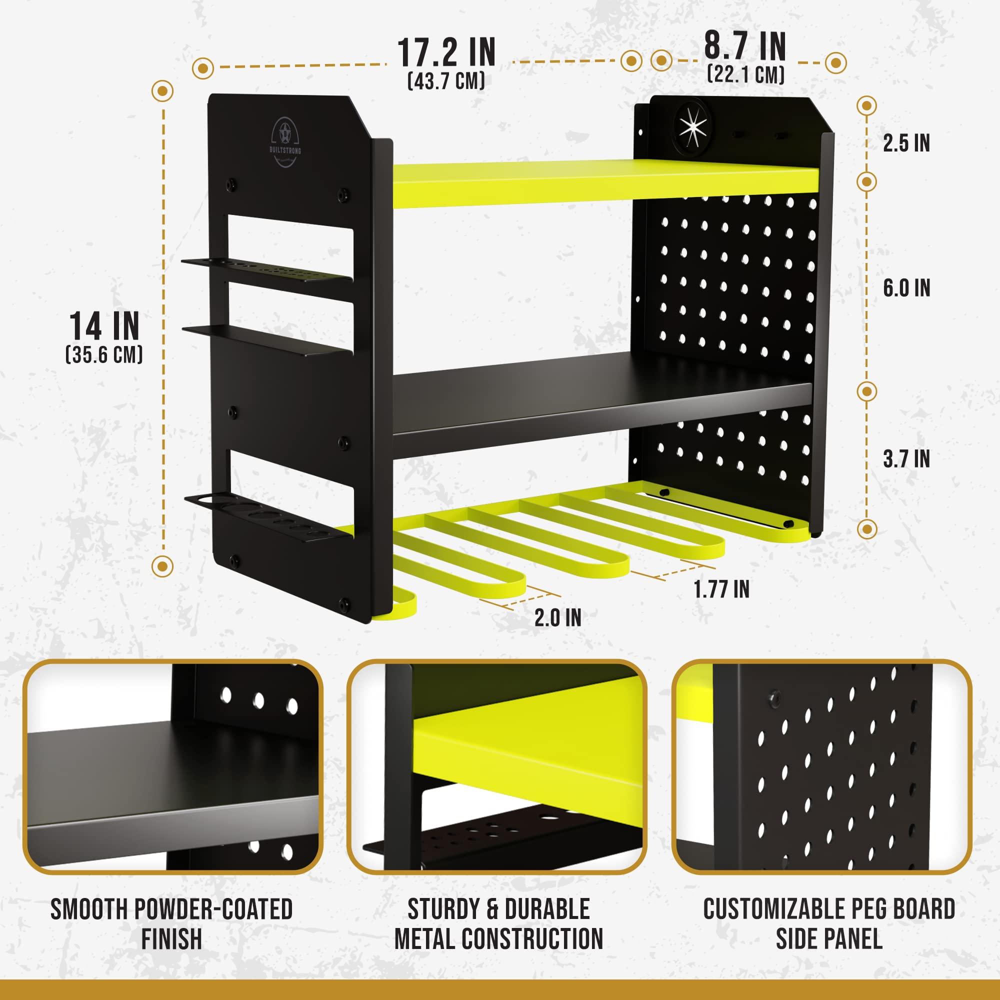 BUILTSTRONG Heavy-Duty Metal Tool Storage Rack - 3-Tier Wall Mount Organizer, Drill Holder, Utility Racks, PegBoard Side, Garage Storage (Green) - Image 3