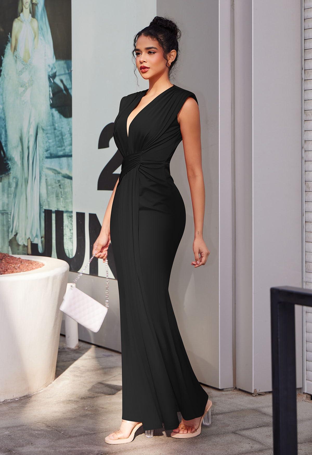 Memoriesea Women's Elegant Sleeveless Deep V Neck Bodycon Party Evening Gown Maxi Dress - Image 6