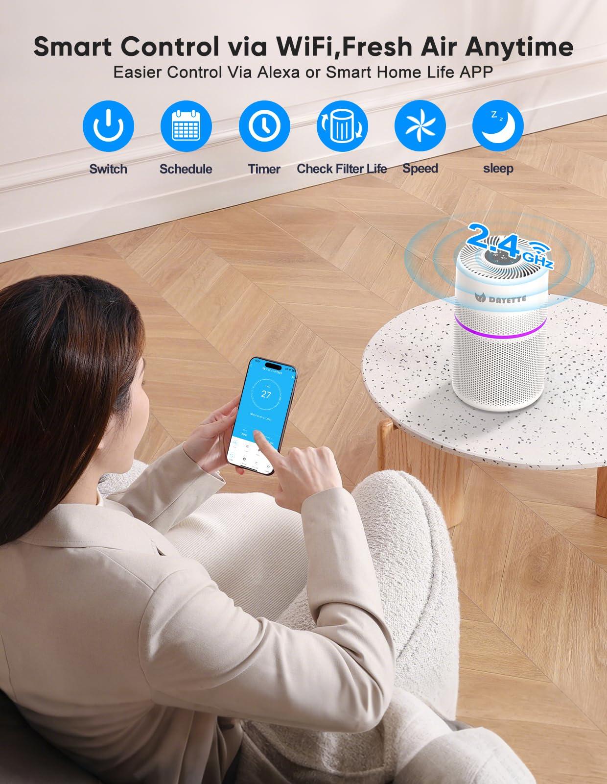 Smart Air Purifiers for Bedroom, DAYETTE 7 Color Light H13 Air Purifier for Home Large Room Up to 1500 Ft², APP Control & 20 dB Sleep Mode 2/4/8 Timer - Image 3