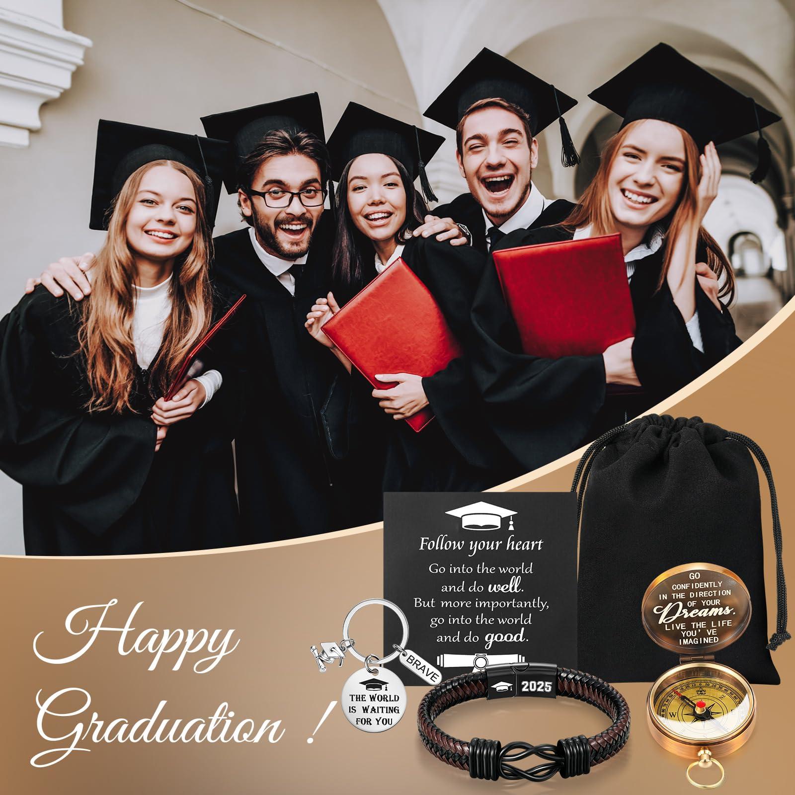 Quelay 5 Pcs Compass Graduation Gift Class of 2025 Engraved Compass Keychain Leather Stainless Steel Knot Bracelet Inspirational Card and Drawstring Bag High School College Graduation Gifts for Him - Image 6