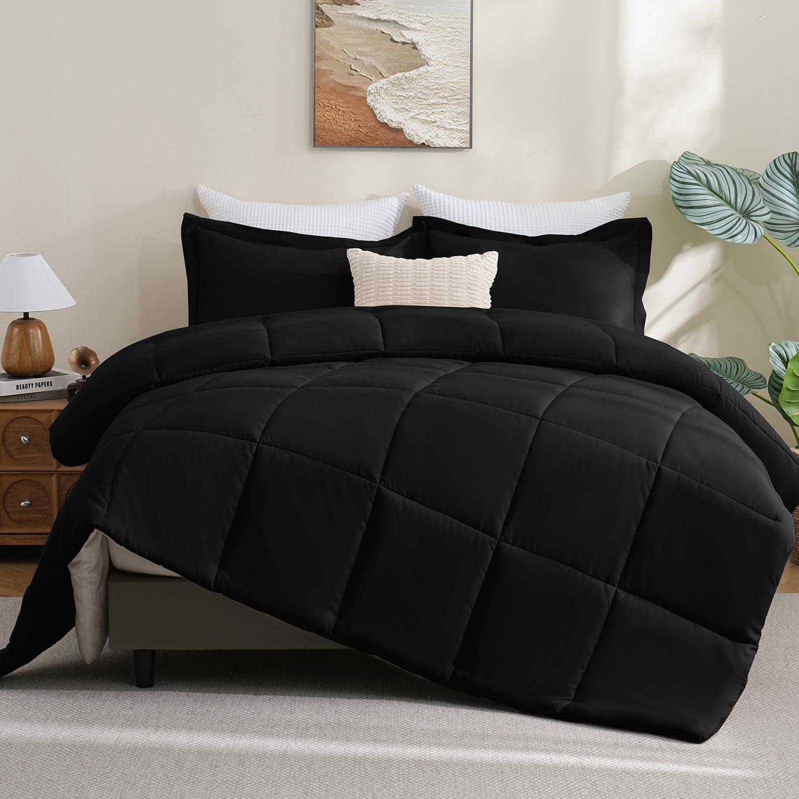 CozyLux Queen Comforter Set Black - 3 Pieces Box Stitched Comforters Queen Size, Soft Bed Set for All Seasons, Lightweight Bedding Sets with 1 Down Alternative Comforter and 2 Pillow Shams - Image 6