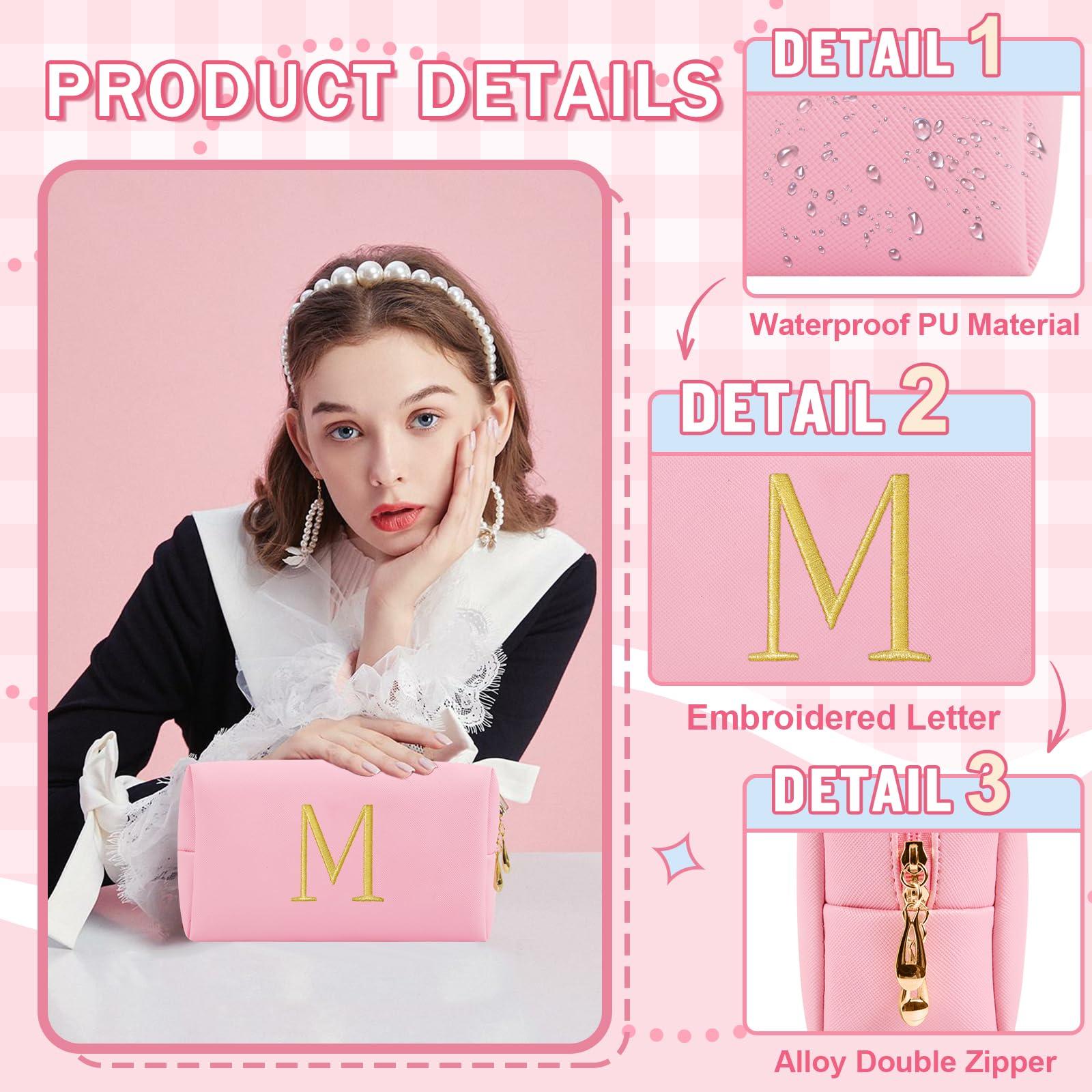 Personalized Gift Initial Makeup Bag,Preppy Gold Embroidered Letter Cosmetic Bag Stocking Stuffers for Teen Girls,Small Travel Toiletry Bag,Custom Christmas Birthday Gift for Women Mom Kids(Pink-M) - Image 3