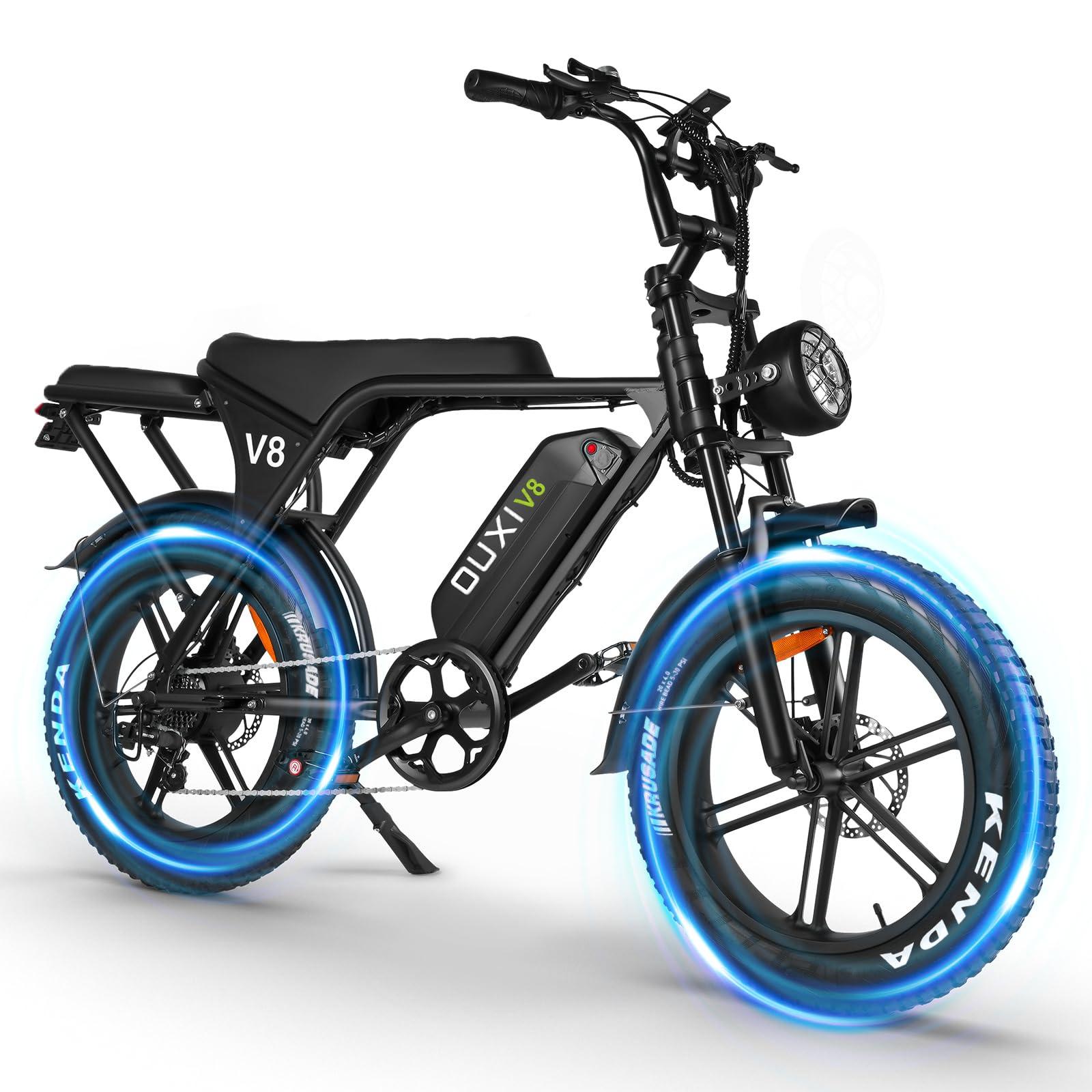 OUXI Electric Bike for Adults, Peak 500/750W/1000W, Up to 20/31 MPH, 10.4/15/30 AH Removable Battery, 16''/20" Fat Tire Electric Bike, 7-Speed Gear Bicicleta Eléctrica, Ebike Moped Style UL Certified