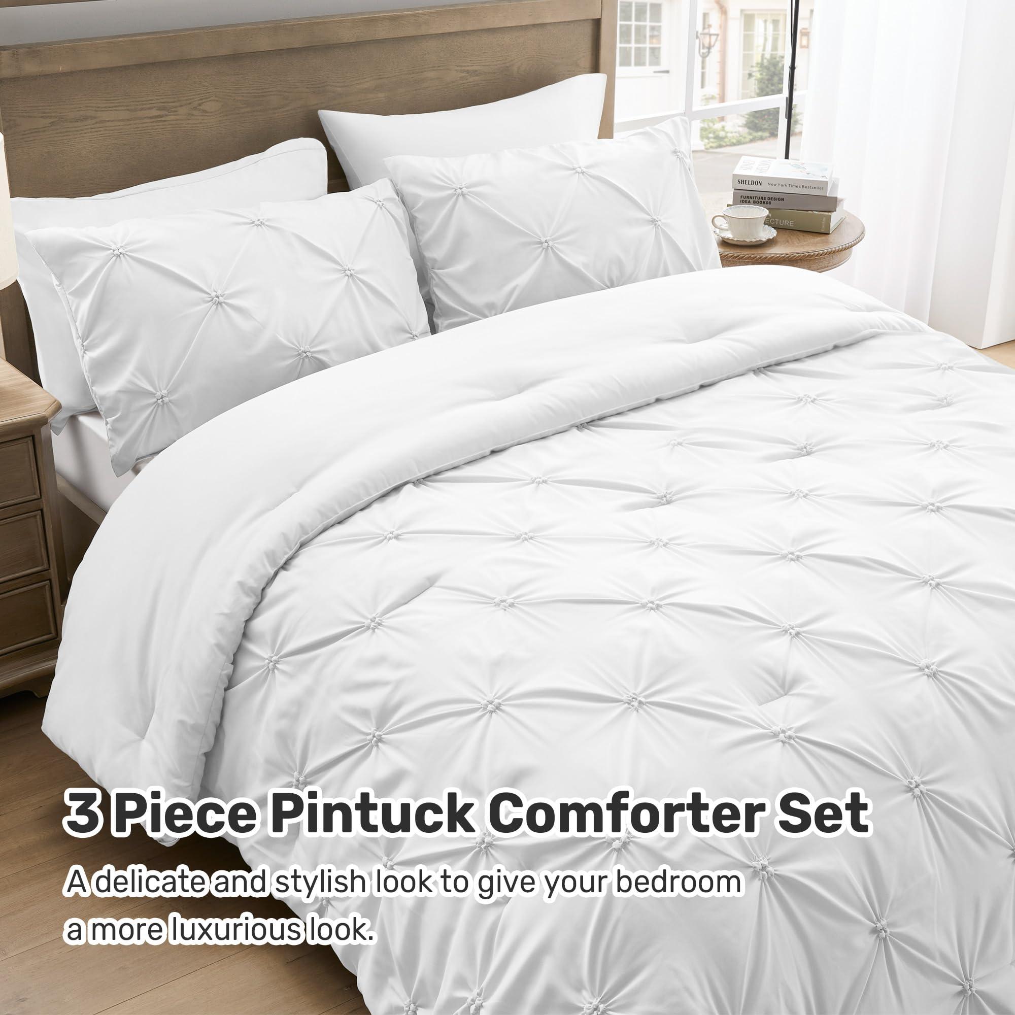 UNIKOME Queen Comforter Set White - Lightweight Soft Pintuck Down Alternative Bedding Set for Summer, All Seasons, 3 Pieces Pinch Pleat Solid Bed Set with Comforter, 2 Pillowcases - Image 5