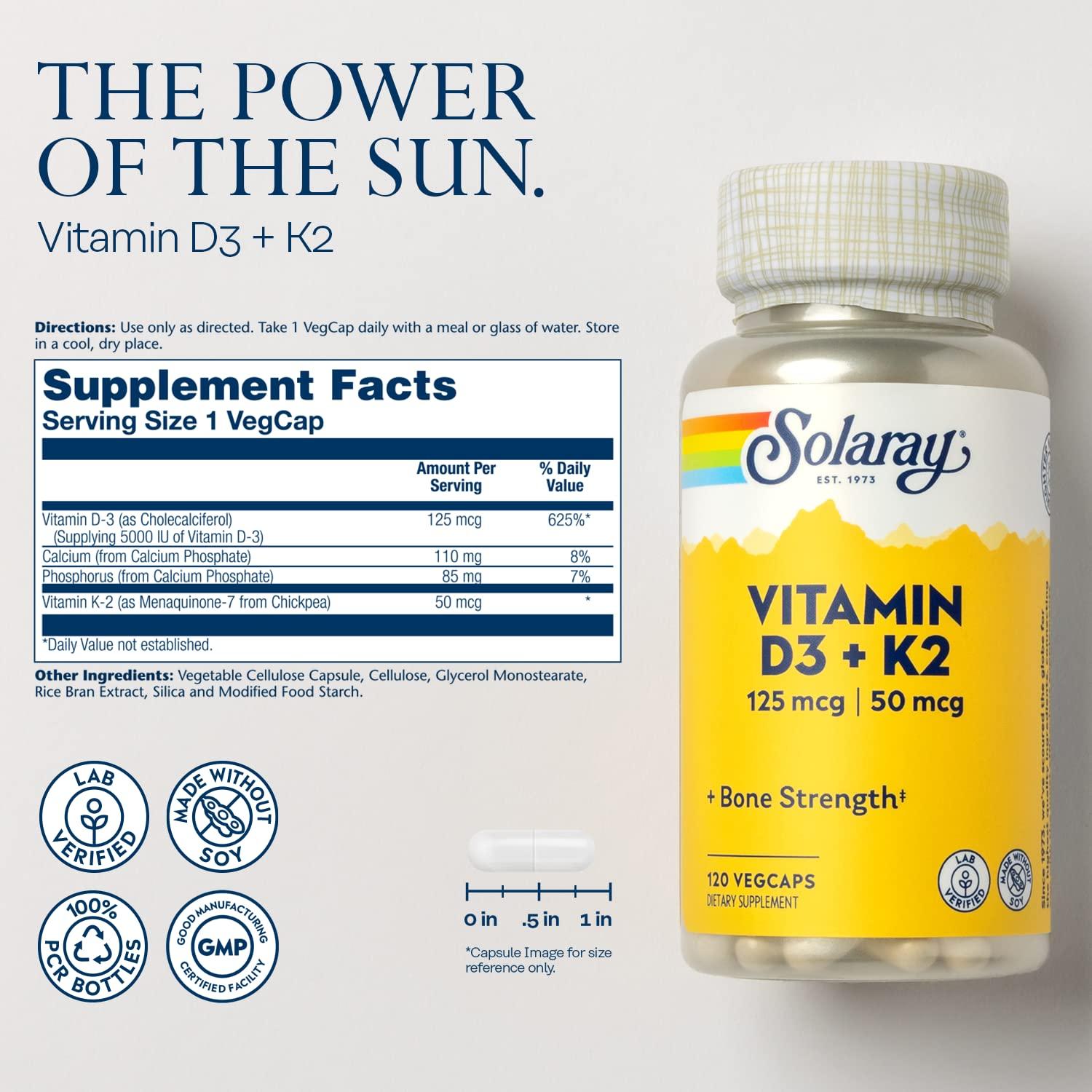 SOLARAY Vitamin D3 K2 - Bone Health and Immune Support Supplement - With 5000 IU Vitamin D as Vit D3 and 50 mcg Vitamin K2 as Menoquinone MK7, Made Without Soy, 60-Day Guarantee, 120 Serv, 120 VegCaps - Image 2