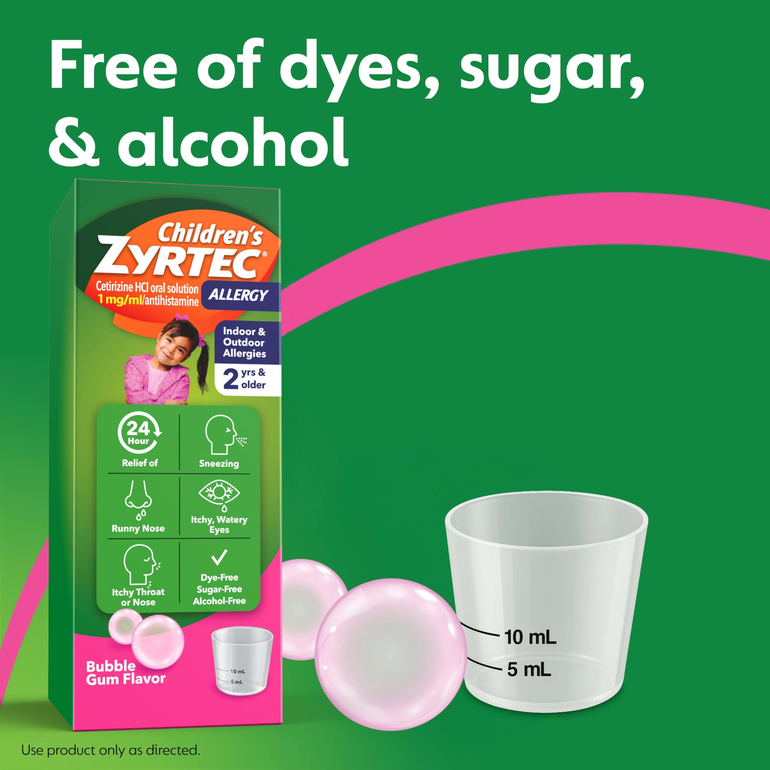 Zyrtec Children's 24 Hour Allergy Relief Syrup, Cetirizine Hydrochloride Antihistamine, Allergy Medicine for Indoor & Outdoor Allergy Relief, Dye- & Sugar-Free, Bubble Gum, 4 fl. oz - Image 3