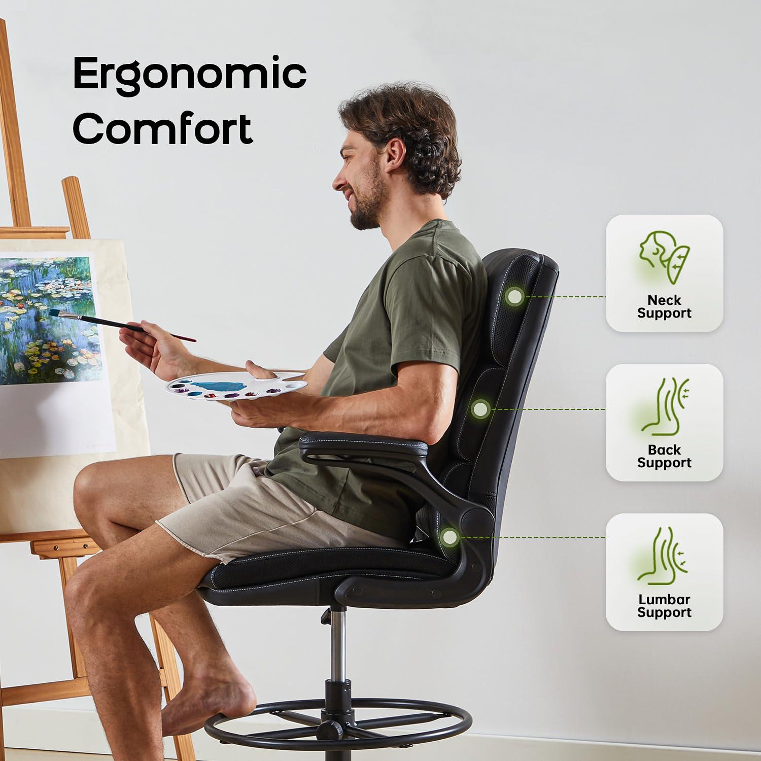 Drafting Chair Tall Office Chair with Padded Flip-up Armrests Executive Ergonomic Computer Standing Desk Chair with Comfortable Leather Backrest and Adjustable Footrest Ring (Black) - Image 3