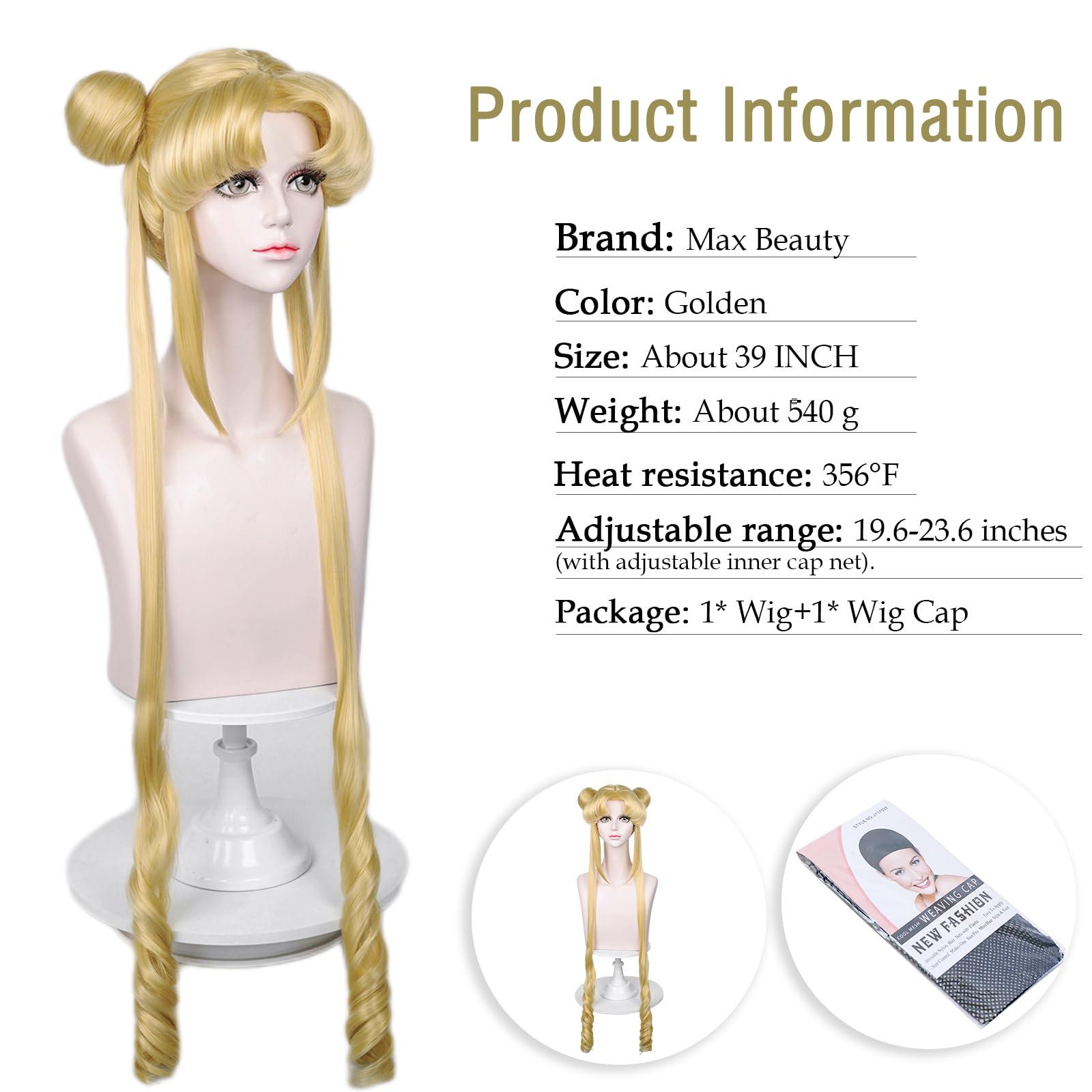 LABEAUTÉ Long Curly Blonde Ponytails Wig with Buns for Women Girls Cosplay Costume Anime Blonde Pigtails Wig with Bangs + Cap - Image 3