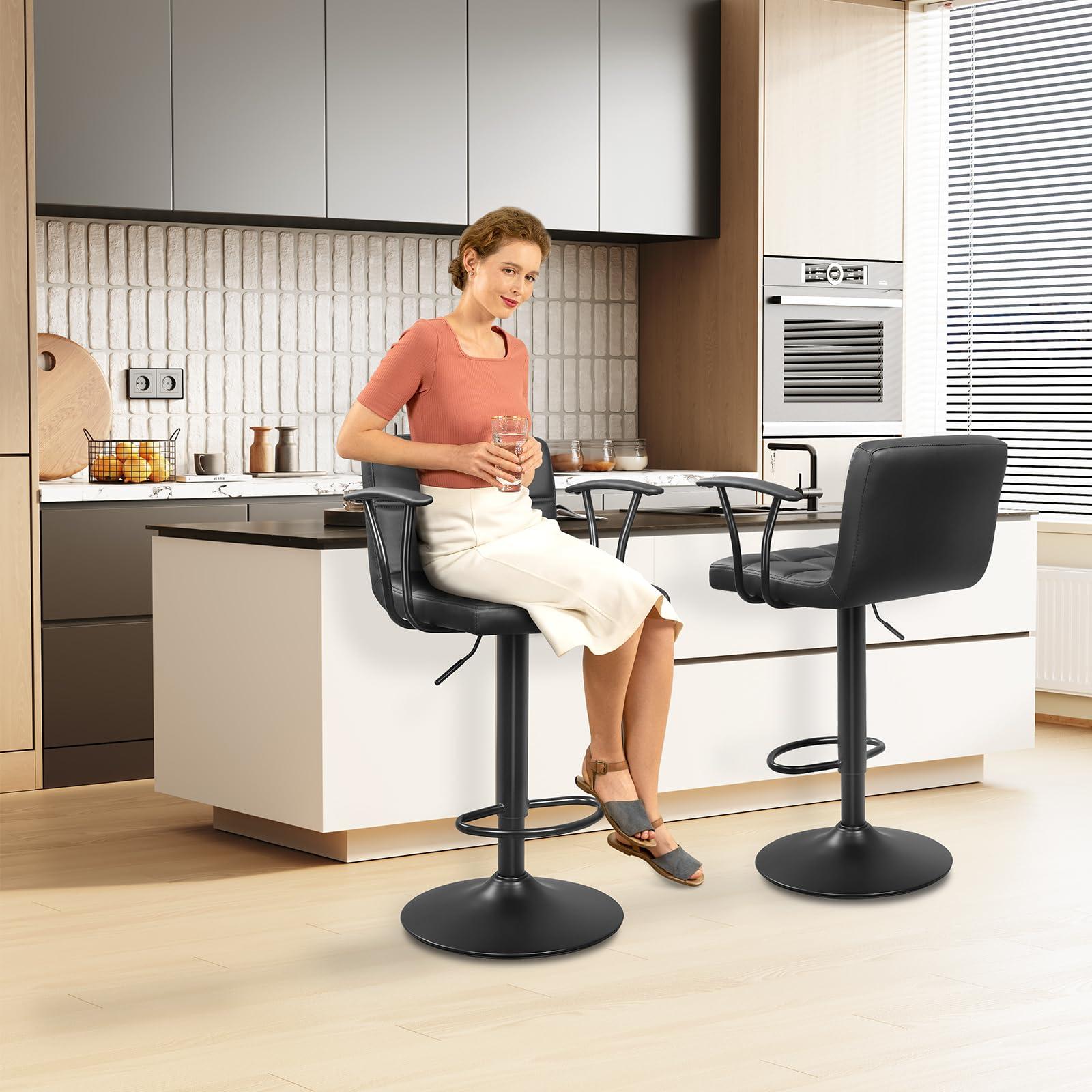 ERGOSEAT Bar Stools Set of 2, Armrest Adjustable Swivel Barstools with Back, Double Needle PU Leather Counter Height Chairs for Kitchen lsland (Black) - Image 7