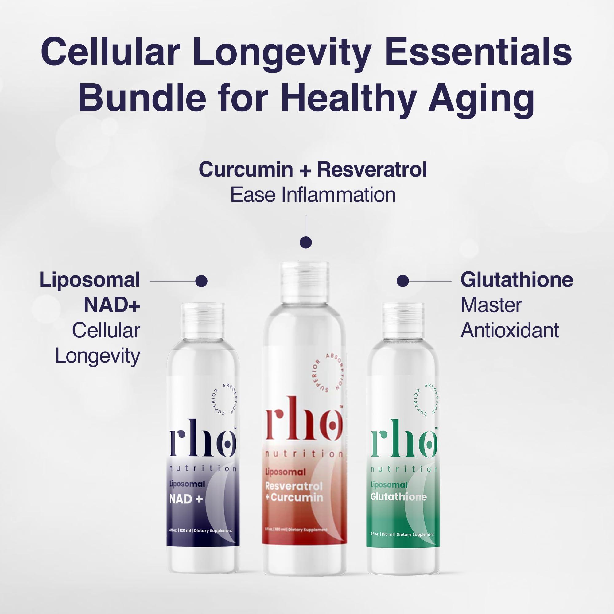 Rho Nutrition - Cellular Longevity Essentials Bundle – Ultra High Absorption Liquid Liposomal Supplements for Healthy Aging & Cellular Support - NAD+, Curcumin + Resveratrol, & Glutathione (3 Pack) - Image 2