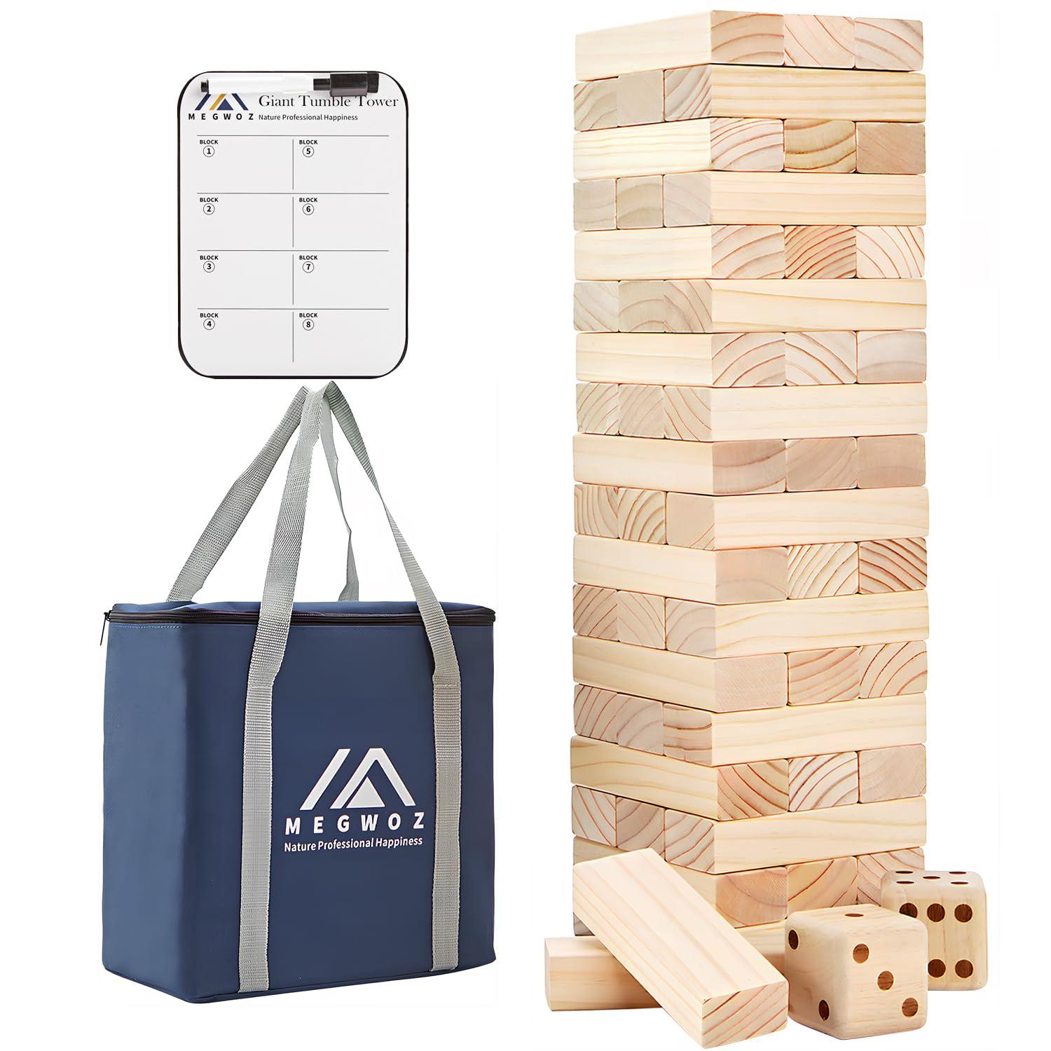 Megwoz Giant Tumble Tower Games for Kids and Adults 57 Blocks New Zealand Pine Wooden Blocks Stacking to Over 4.2FT Family Games for Indoors Outdoors Yard Games for Family