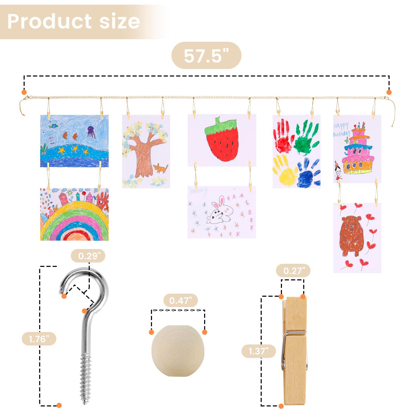 KLOGTSIND Kids Art Display Wall Decor, Wooden Beads Garland Frame Holder with 34 Clips for kids artwork, Photo, Wall Hanging Boho Room Bedroom Decor - Image 5