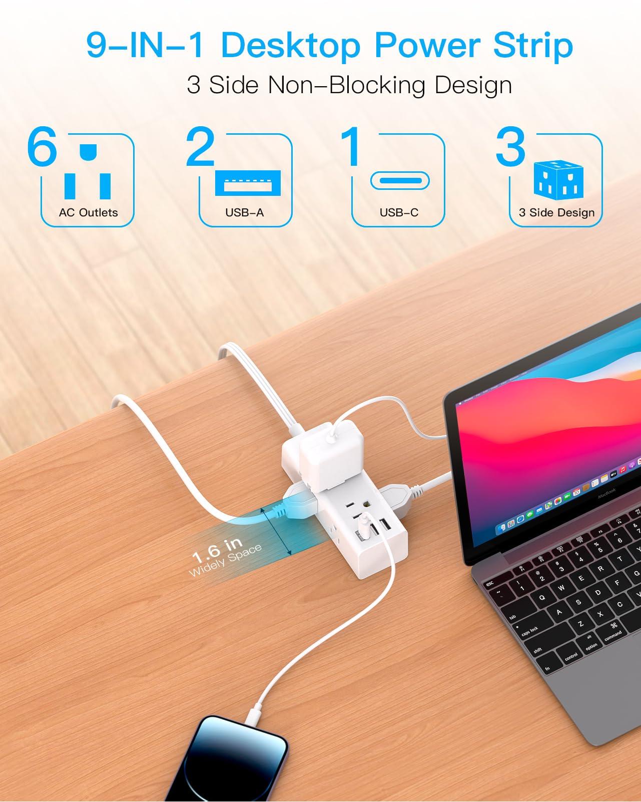 15Ft Extension Cord with Multiple Outlets, Flat Plug Power Strip Surge Protector with 15 Ft Long Cord, 6 Outlet 3 USB Ports (1 USB C), Multi Outlet Wall Plug for Travel, College, Dorm Room Essentials - Image 3
