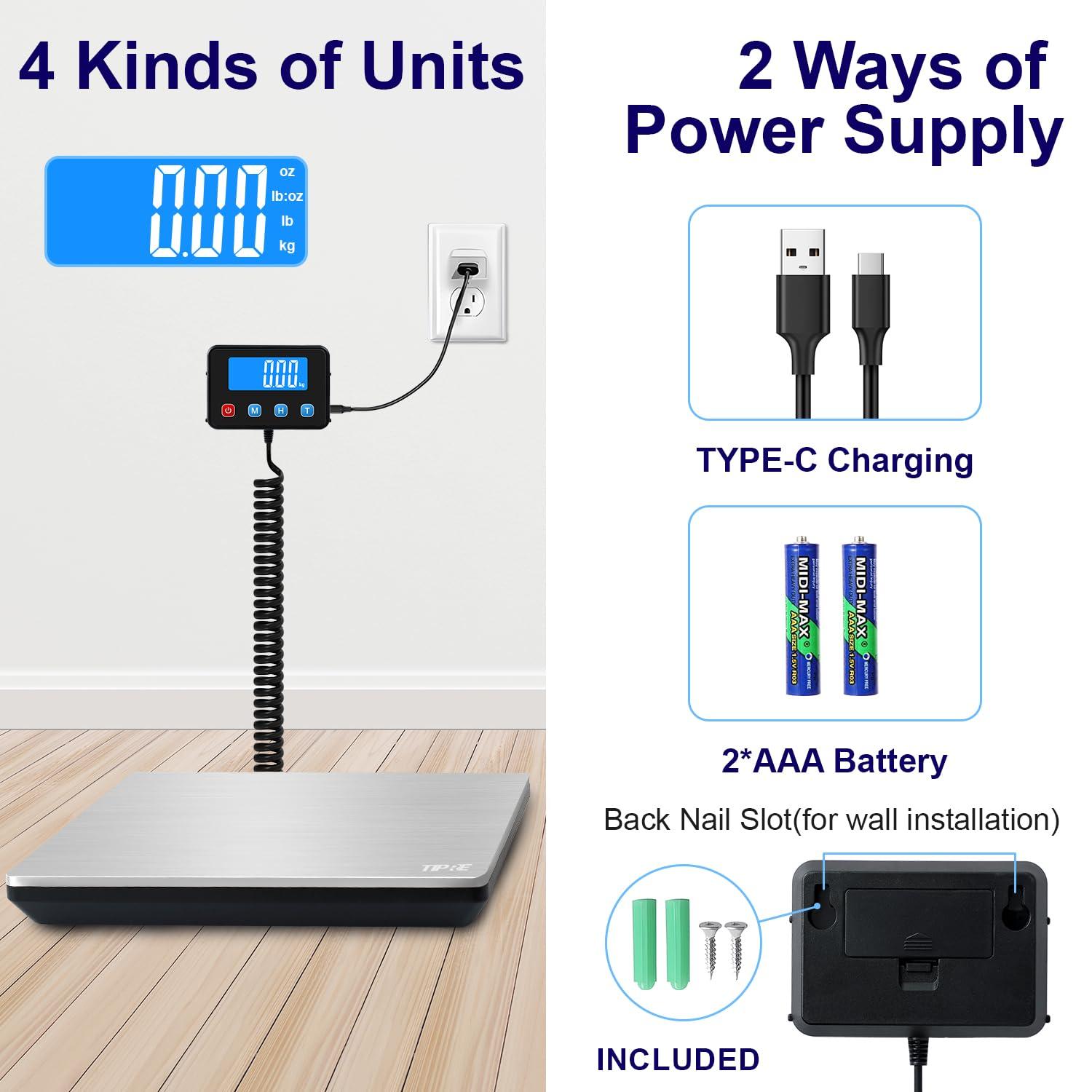 TIPRE Digital Shipping Postal Scale 0.5 oz High Accuracy！440lb Commercial Weight Scale for Package, Small Business, Mail, Warehouse, Home, Battery & Charging Cable Included - Image 6