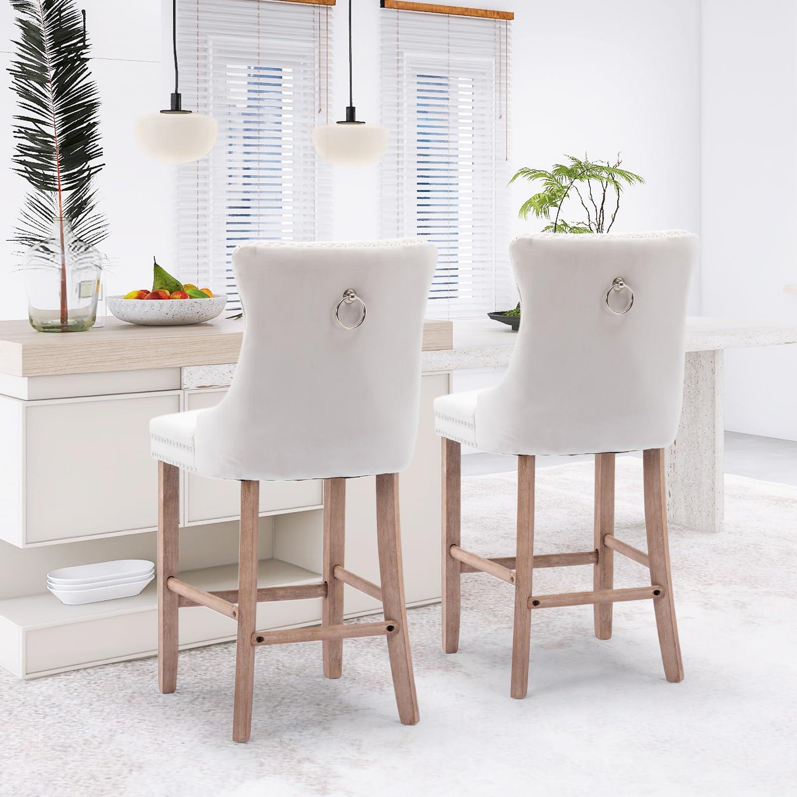 JETEAGO Bar Stools Set of 2, Velvet Upholstered Bar Stool for Kitchen Island, Counter Stools with Nailhead Trim, Beige - Image 4