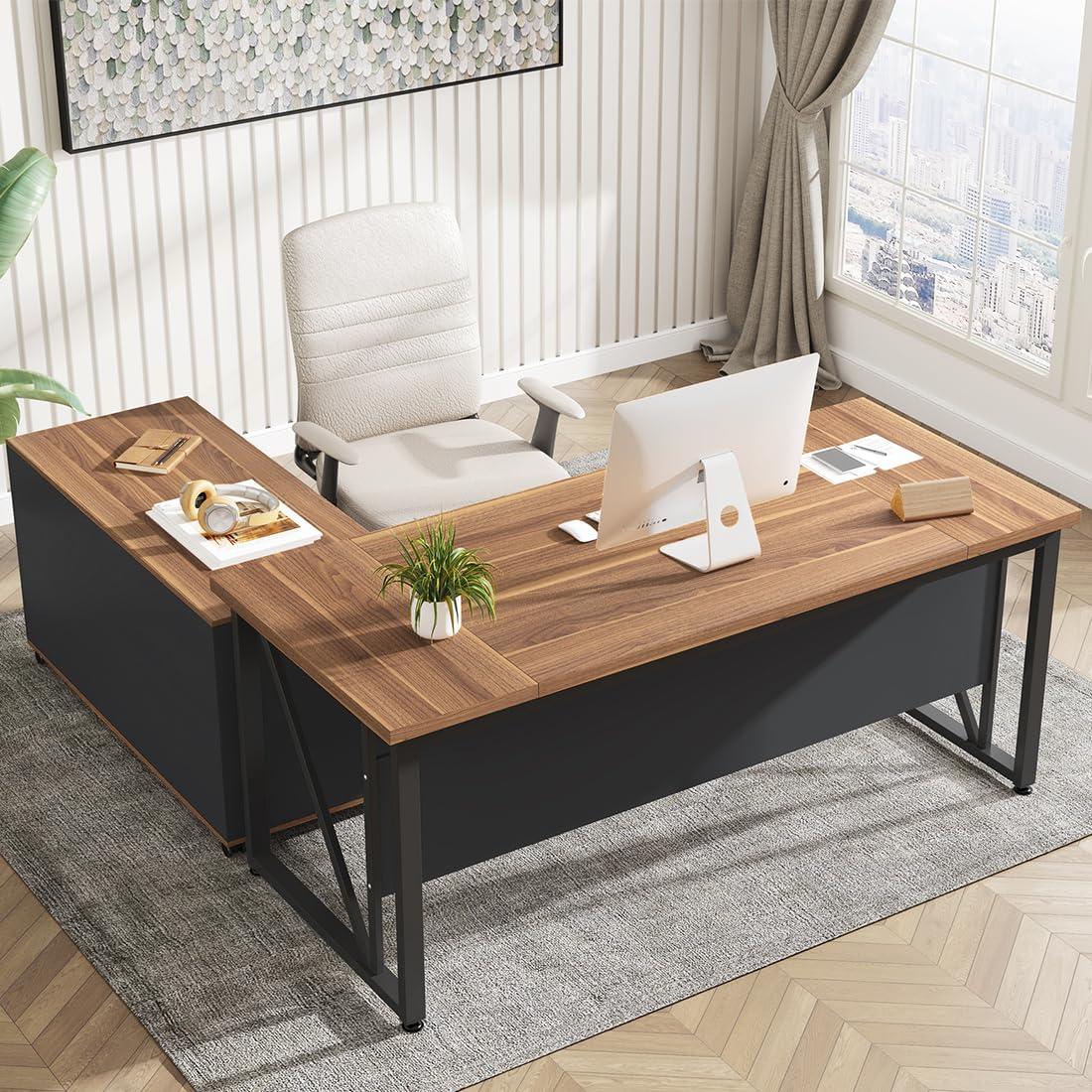 Tribesigns 63 inches Executive Desk and 47" lateral File Cabinet, L-Shaped Computer Desk Home Office Business Furniture with Drawers and Storage Shelves, Office Table,Brown and Black - Image 3