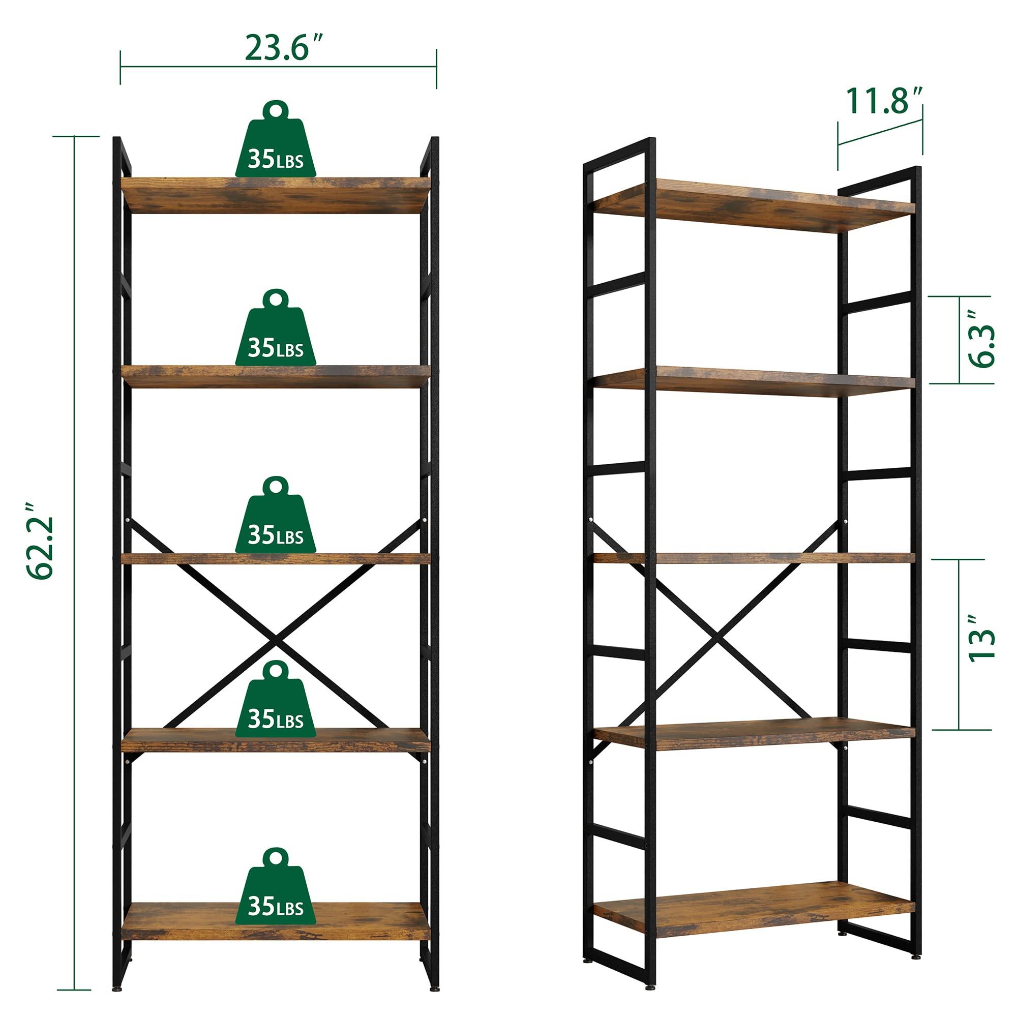 Shintenchi 2 Pieces 5 Tiers Bookshelf, Classically Tall Bookcase Shelf, Industrial Book Rack, Modern Book Holder in Bedroom/Living Room/Home/Office, Storage Rack Shelves for Books/Movies-Rustic Brown - Image 4