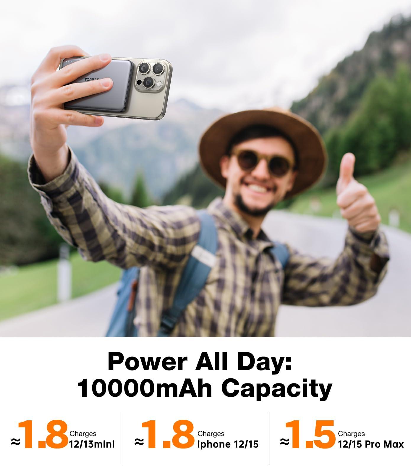 TORRAS MiniMag Power Bank,Ultra-Slim 10,000mAh Magnetic Wireless Portable Charger, 22.5W Fast Charging Battery Pack with USB-C Cable Designed for iPhone 16 Pro Max/16 Pro/16/15/14/13/12, Glacier Gray - Image 6
