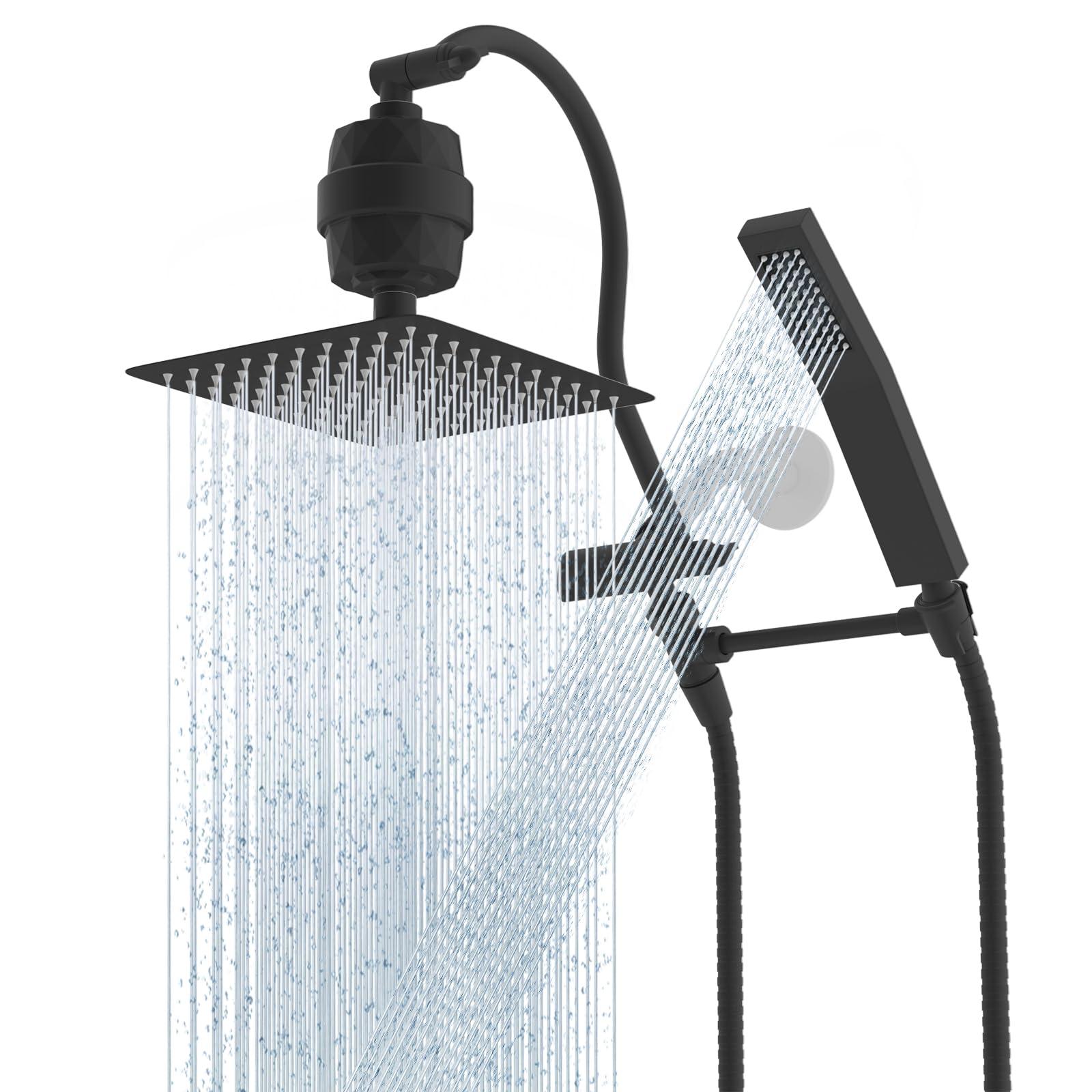 Hibbent All Metal 10'' Filtered Rainfall Shower Head Combo, High Pressure Handheld Shower Wand, 12'' Adjustable Extension Arm, 20 Stage Shower Filter, 71'' Hose, Shower Head Holders, Matte Black