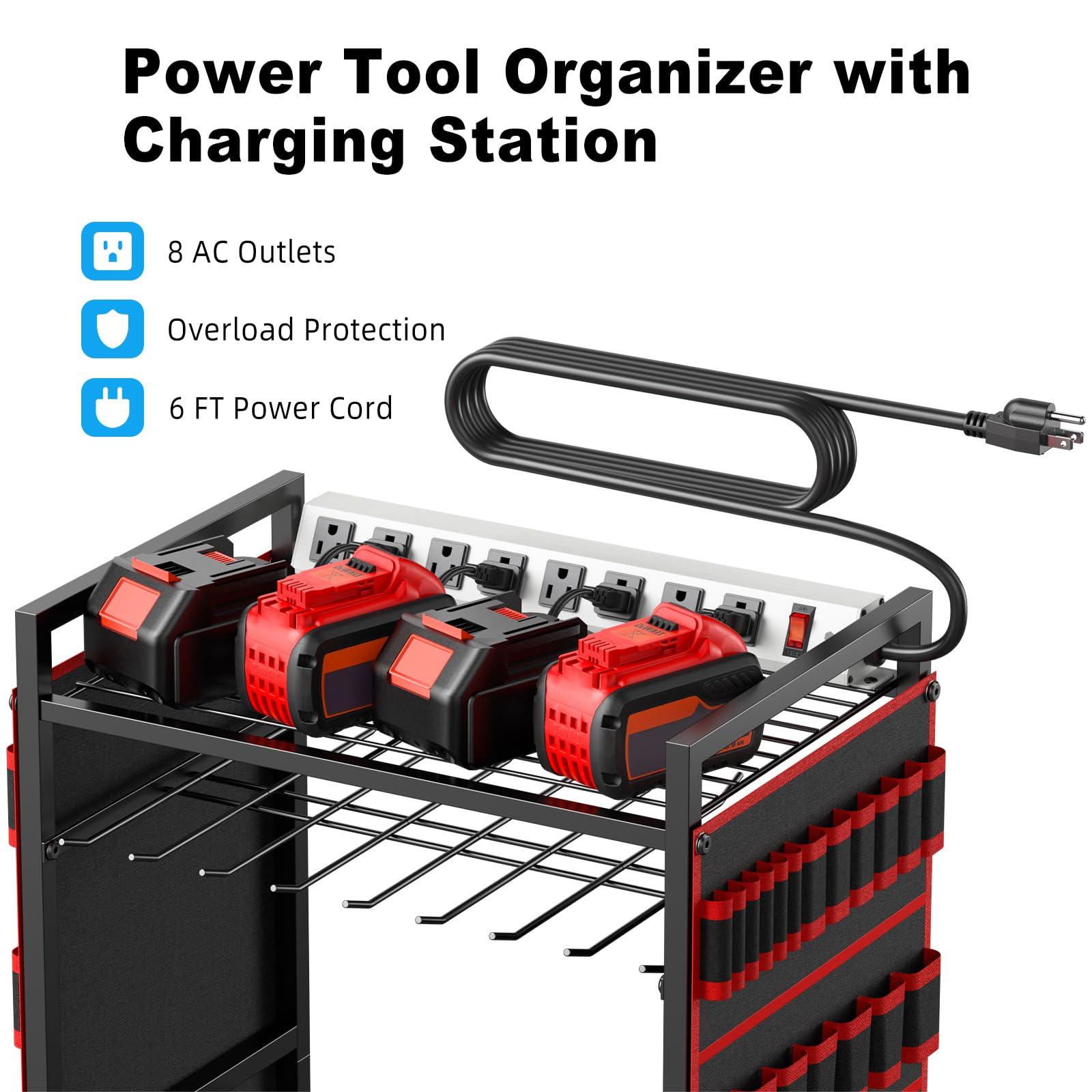 JUNNUJ Large Power Tool Organizer Cart with Charging Station, Garage Floor Standing Rolling Drill and Tools Battery Storage Cart on Wheels, Heavy Duty Utility Rack Shelf with 8 Outlet Power Strip, Red - Image 3